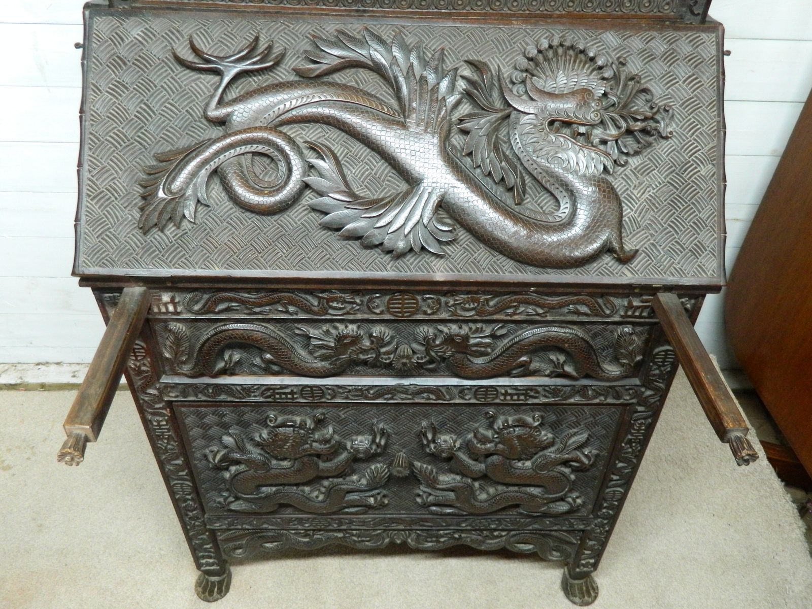 photo for sale Antique Chinese Dragon Carved Bureau