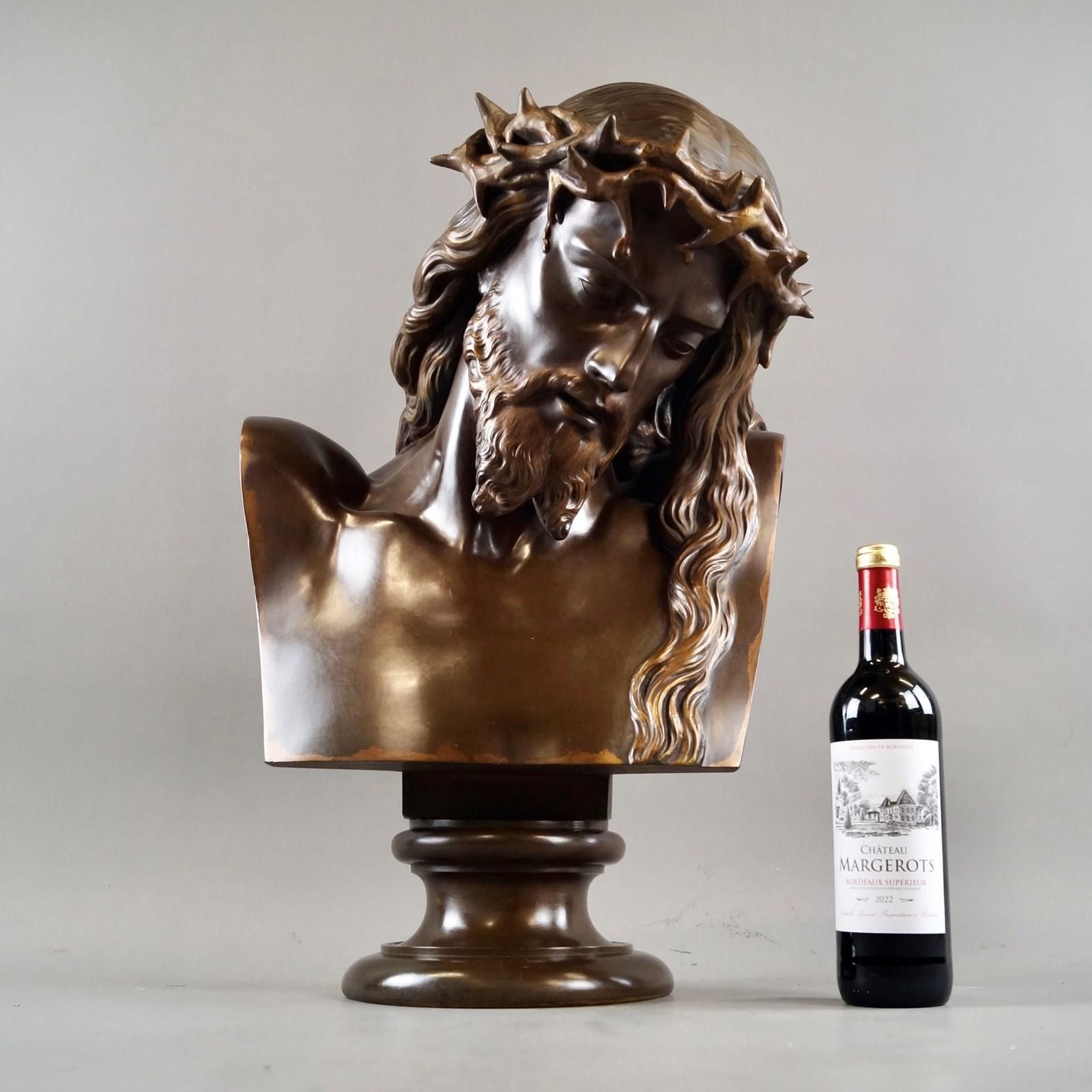 A Very Large French Patinated Bronze Bust Of Jesus Christ