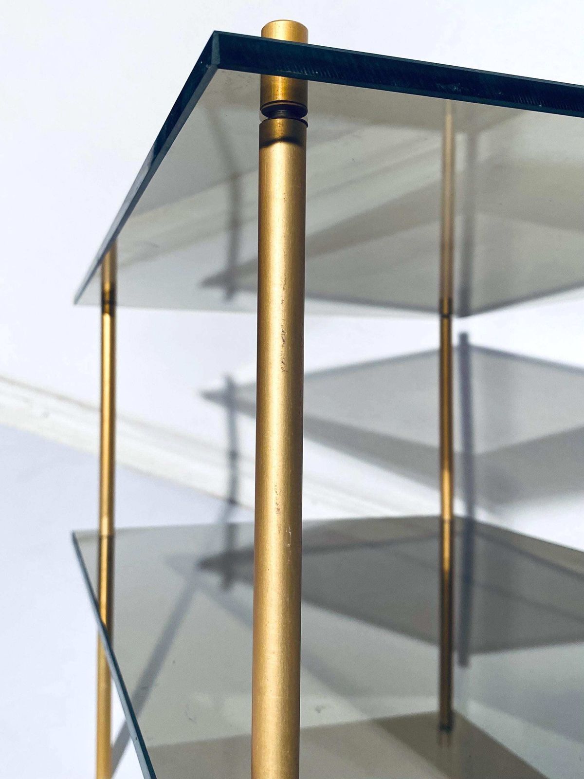 photo for sale 1970s Italian Gold Glass Brass Shelves Stand Sofa Table / Vintage Hollywood Regency Home Decor