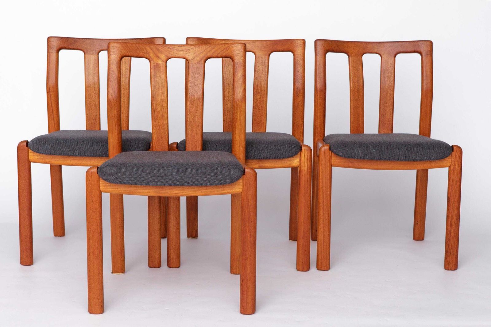 Set Of 4 Teak Dining Chairs By Dyrlund, 1960s Danish Mid Century Modern, Restored & Reupholstered In Dark Grey Fabric photo furniture