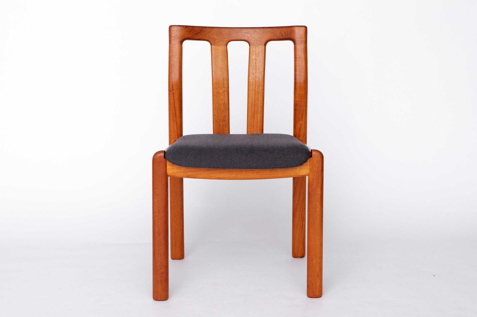 photo for sale Set Of 4 Teak Dining Chairs By Dyrlund, 1960s Danish Mid Century Modern, Restored & Reupholstered In Dark Grey Fabric