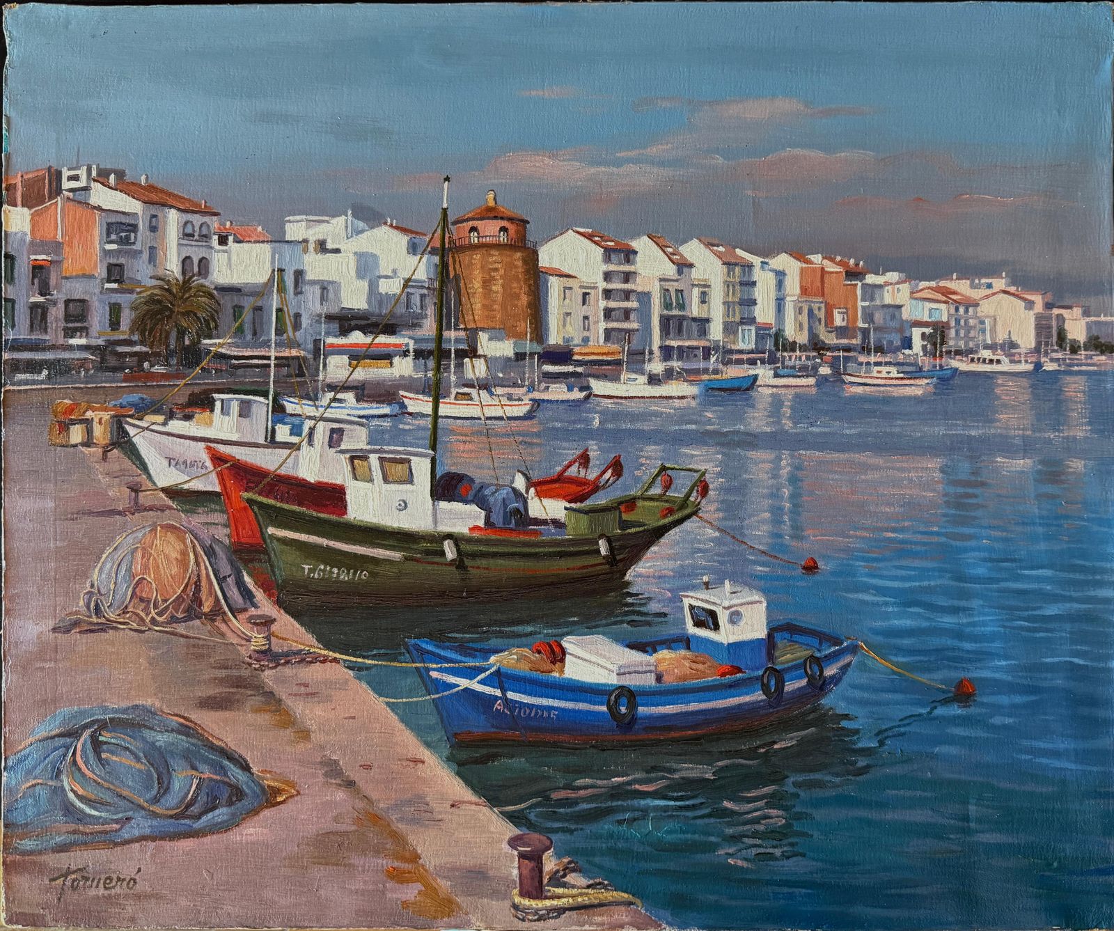 Francesc Torneró Gómez Port Of Cambrils, Spain, Oil On Canvas Painting, Spanish Mediterranean Seascape C.1970