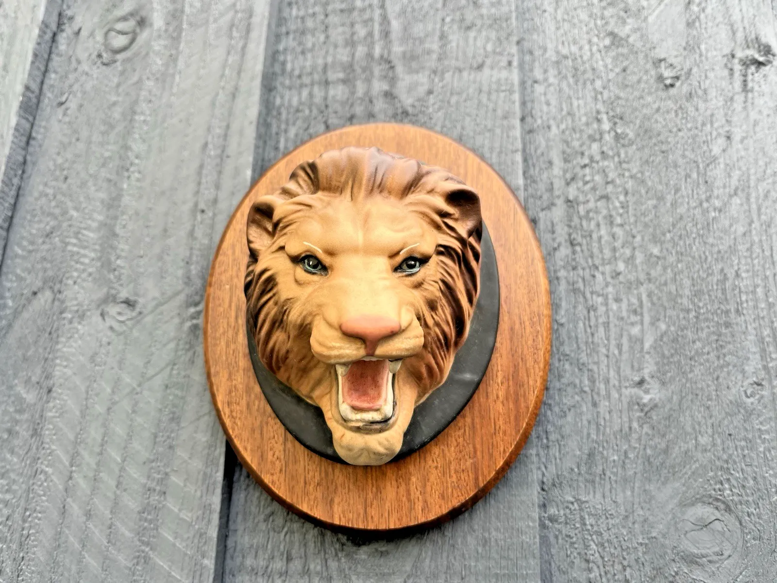 Rare Beswick Matt Lion Mask Head Wall Plaque Teak Mounted Wild Animals Series photo for sale