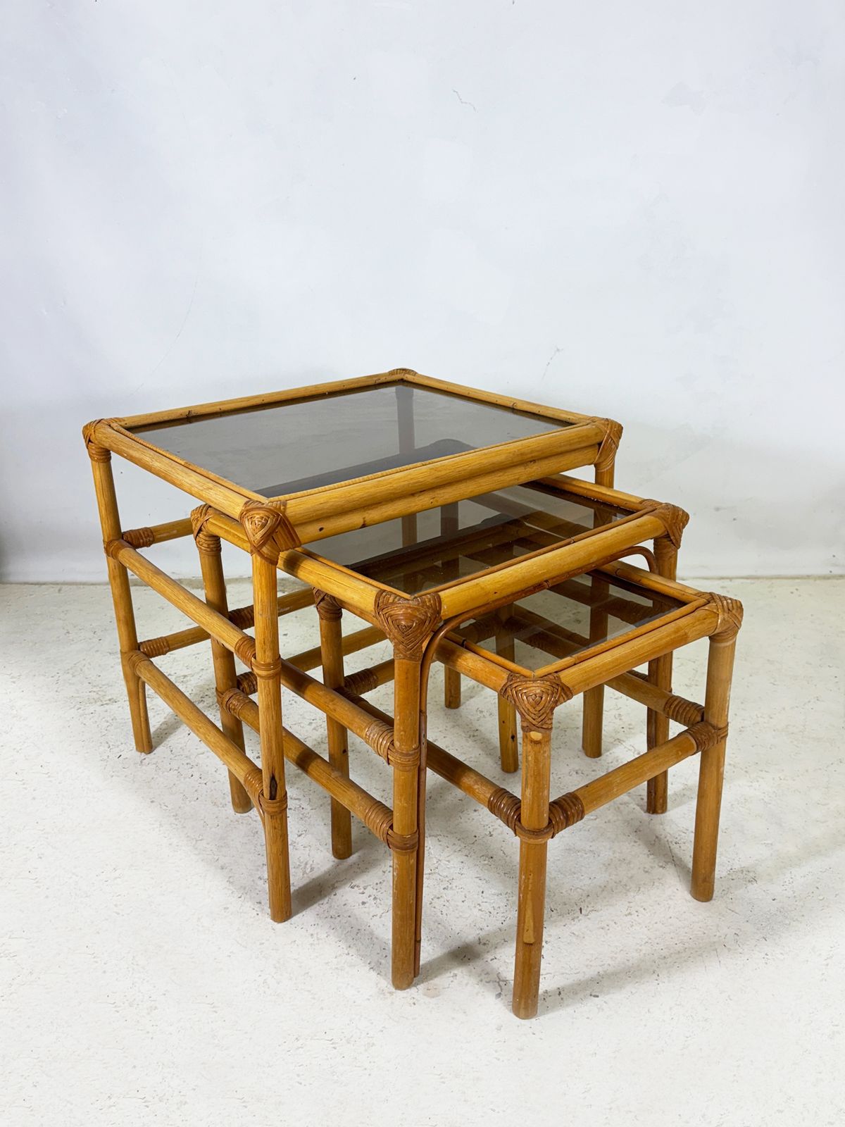 Vintage Bamboo Nest Of Tables With Glass Tops