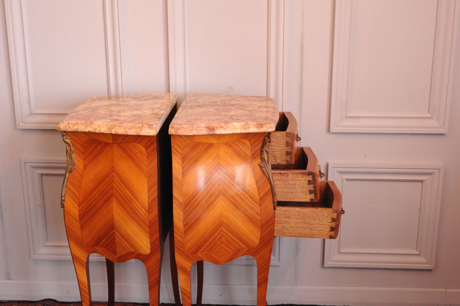 Vintage French Mid C Pair Of  Louis XV Style Three Drawer Marble Top Cabinets Bedsides Chests photo for sale