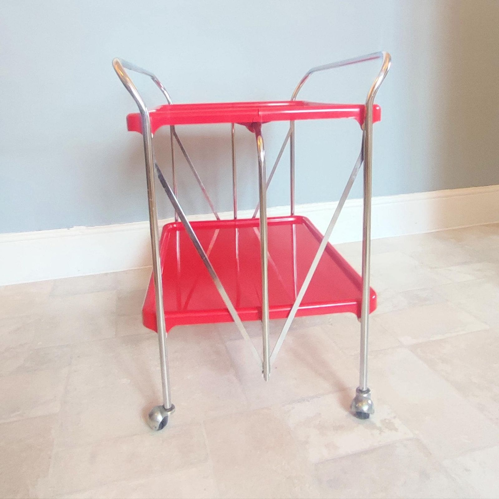 Vintage Italian Ellisse Red Two Tier Folding Trolley – Mid Century Modern Drinks Cart photo Furniture