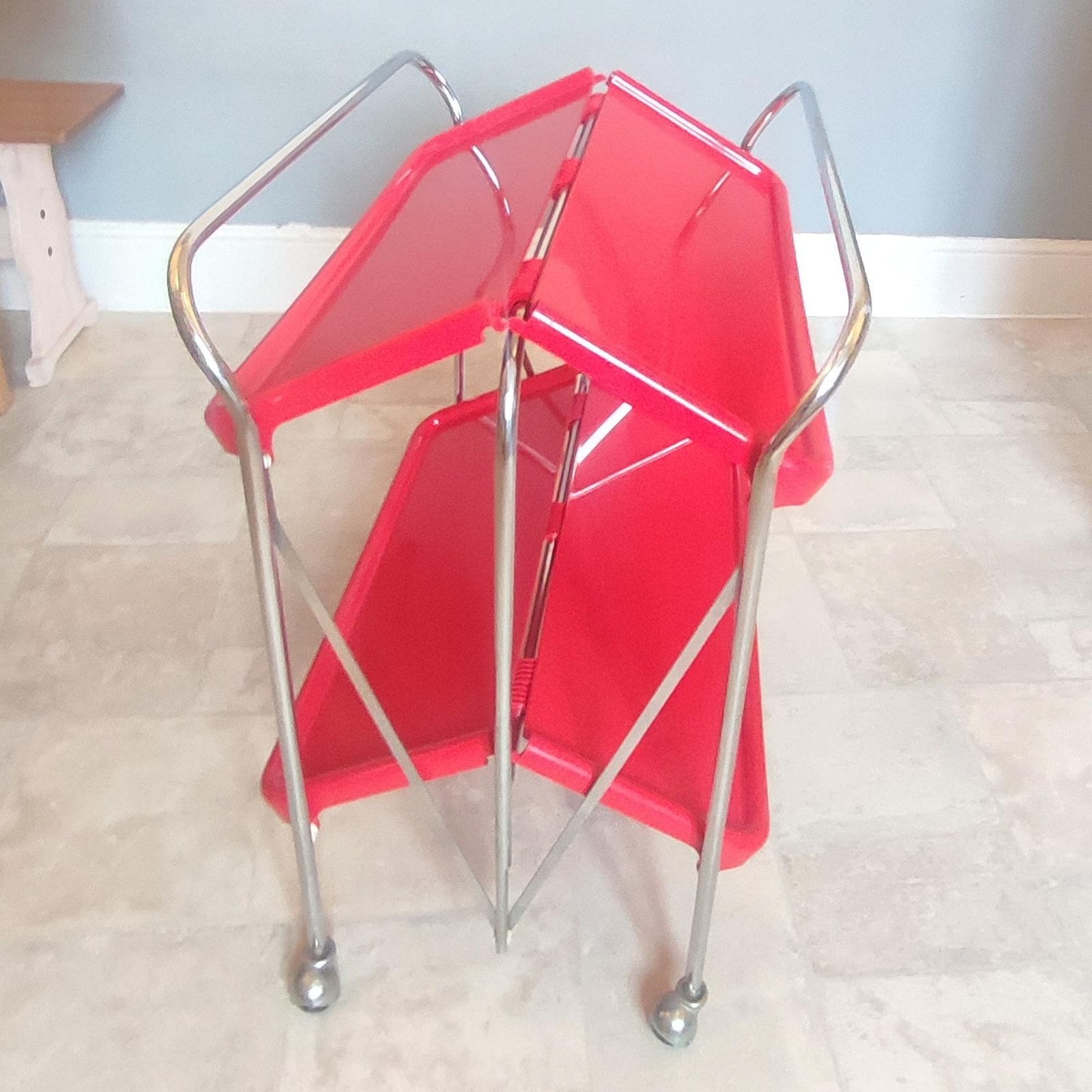 photo for sale Vintage Italian Ellisse Red Two Tier Folding Trolley – Mid Century Modern Drinks Cart