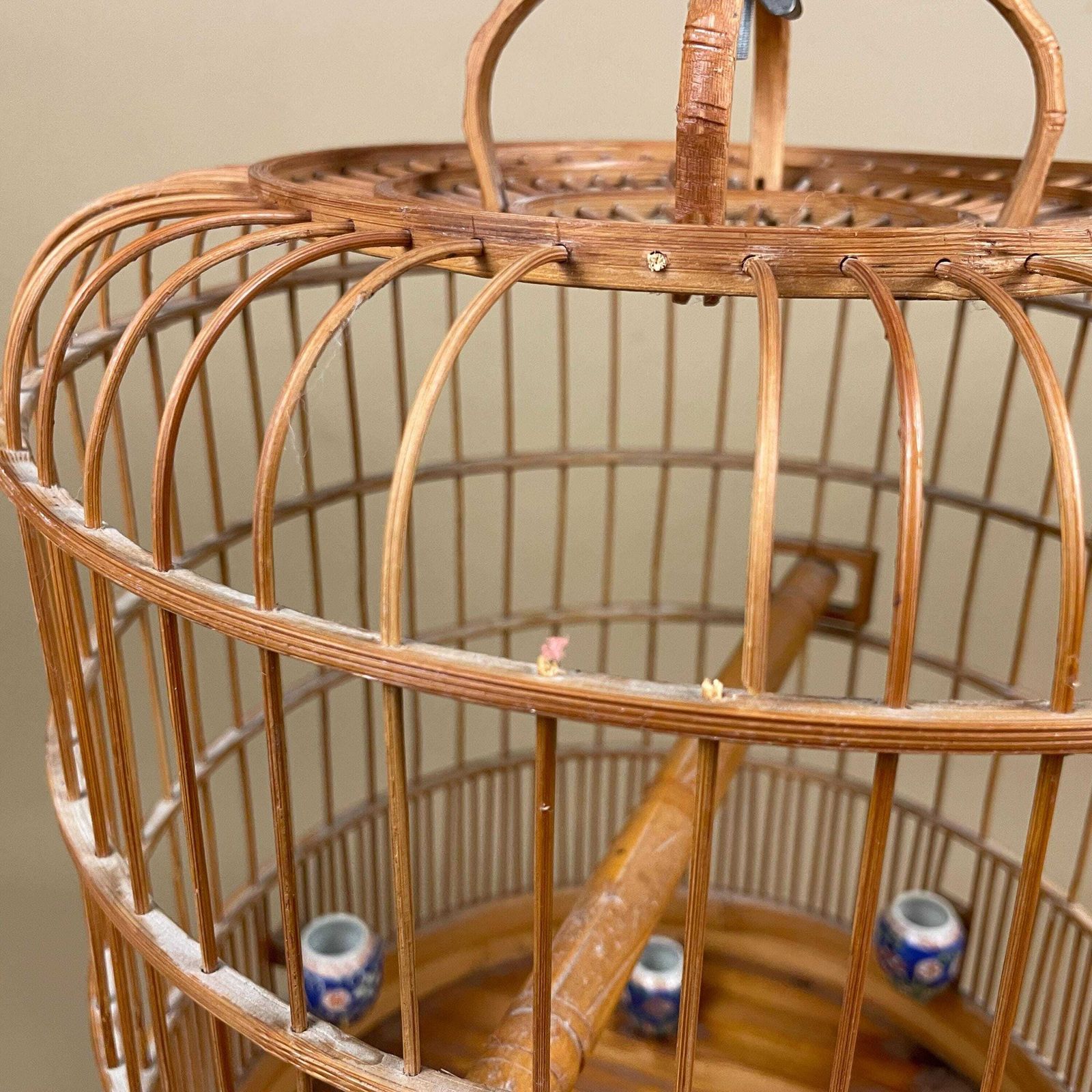 195.0 Wooden Decorative Oriental Bird Cage Wood House Japan Birdcage Vintage Asian Ceramic Pots Handmade Plant Holder Shop Display Hanging Antique photo