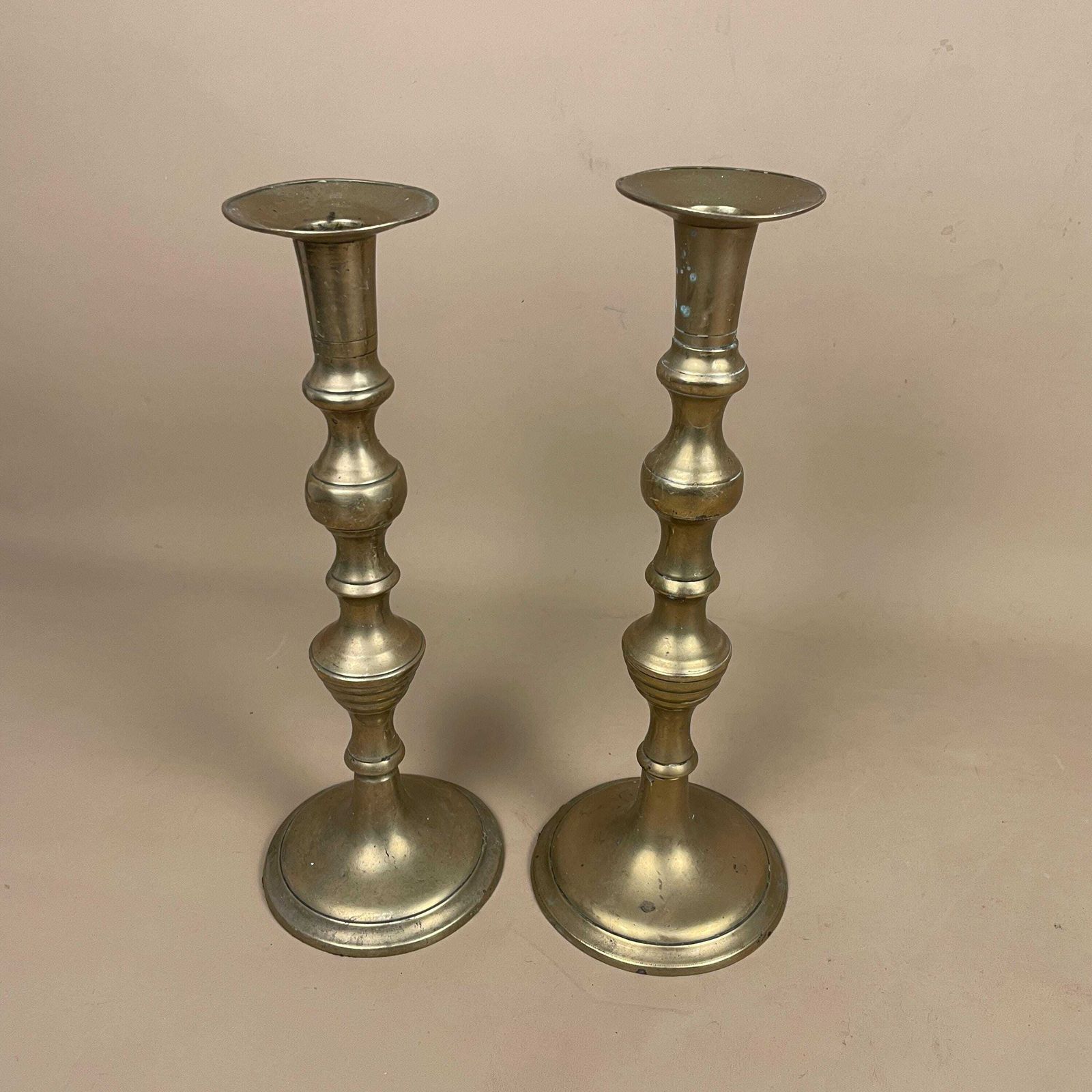Antique Matching Pair Of Gold Brass Metal Candlestick Candle Stick Holders Vintage Column Taper Dinner Candlesticks Base Pillar Holder Round photo for sale
