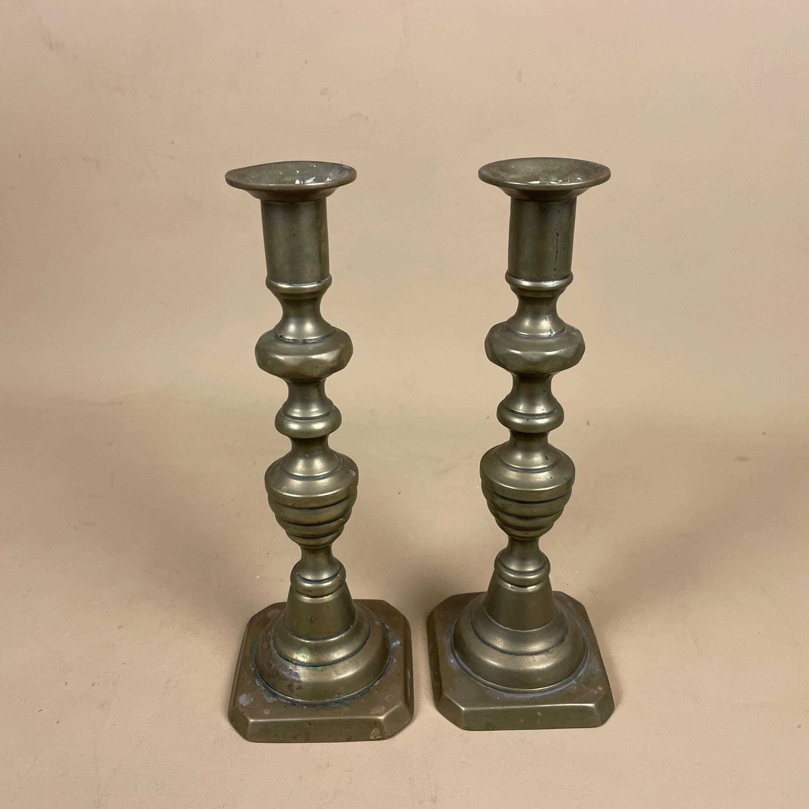 Antique Matching Pair Of Gold Brass Metal Candlestick Candle Stick Holders Vintage Column Taper Dinner Candlesticks Base Pillar Holder photo for sale