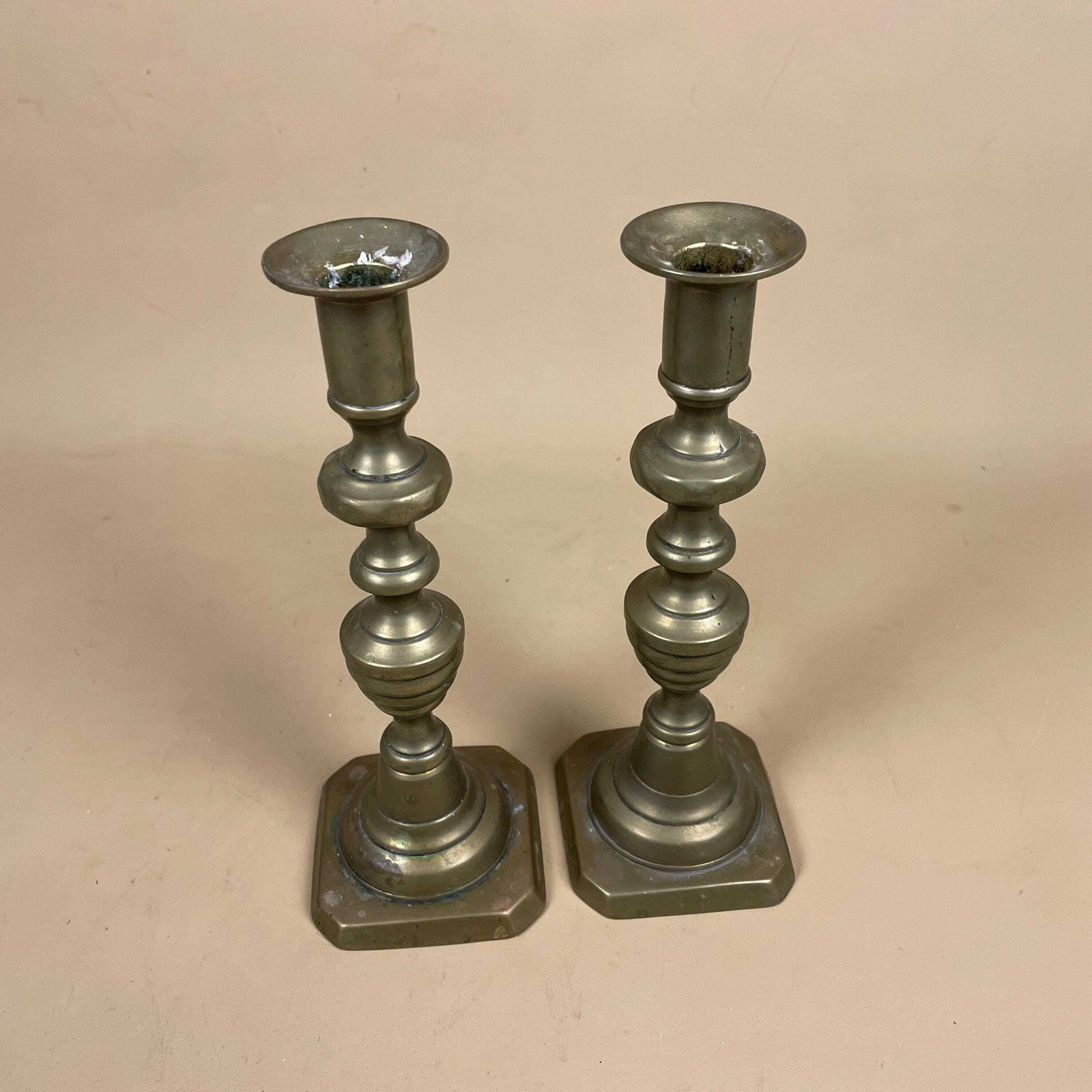 Antique Matching Pair Of Gold Brass Metal Candlestick Candle Stick Holders Vintage Column Taper Dinner Candlesticks Base Pillar Holder photo 50.0