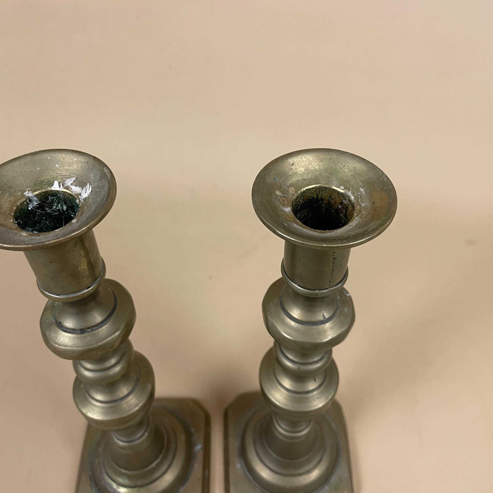Antique Matching Pair Of Gold Brass Metal Candlestick Candle Stick Holders Vintage Column Taper Dinner Candlesticks Base Pillar Holder photo buy