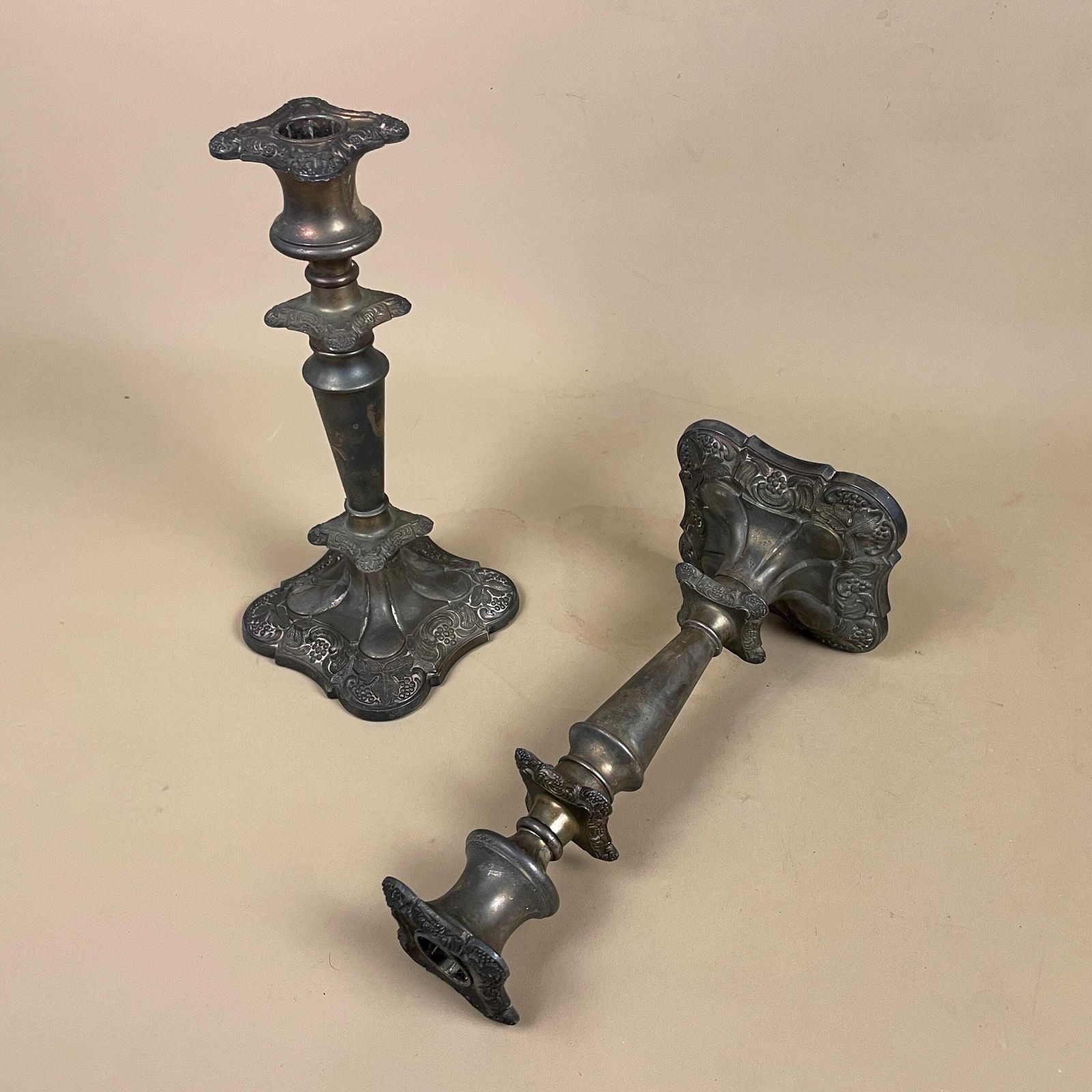 photo for sale Antique Matching Pair Of Silver Metal Candlestick Candle Stick Ornate Vintage Taper Dinner Candlesticks Round Patterned Base Set Aged Patina