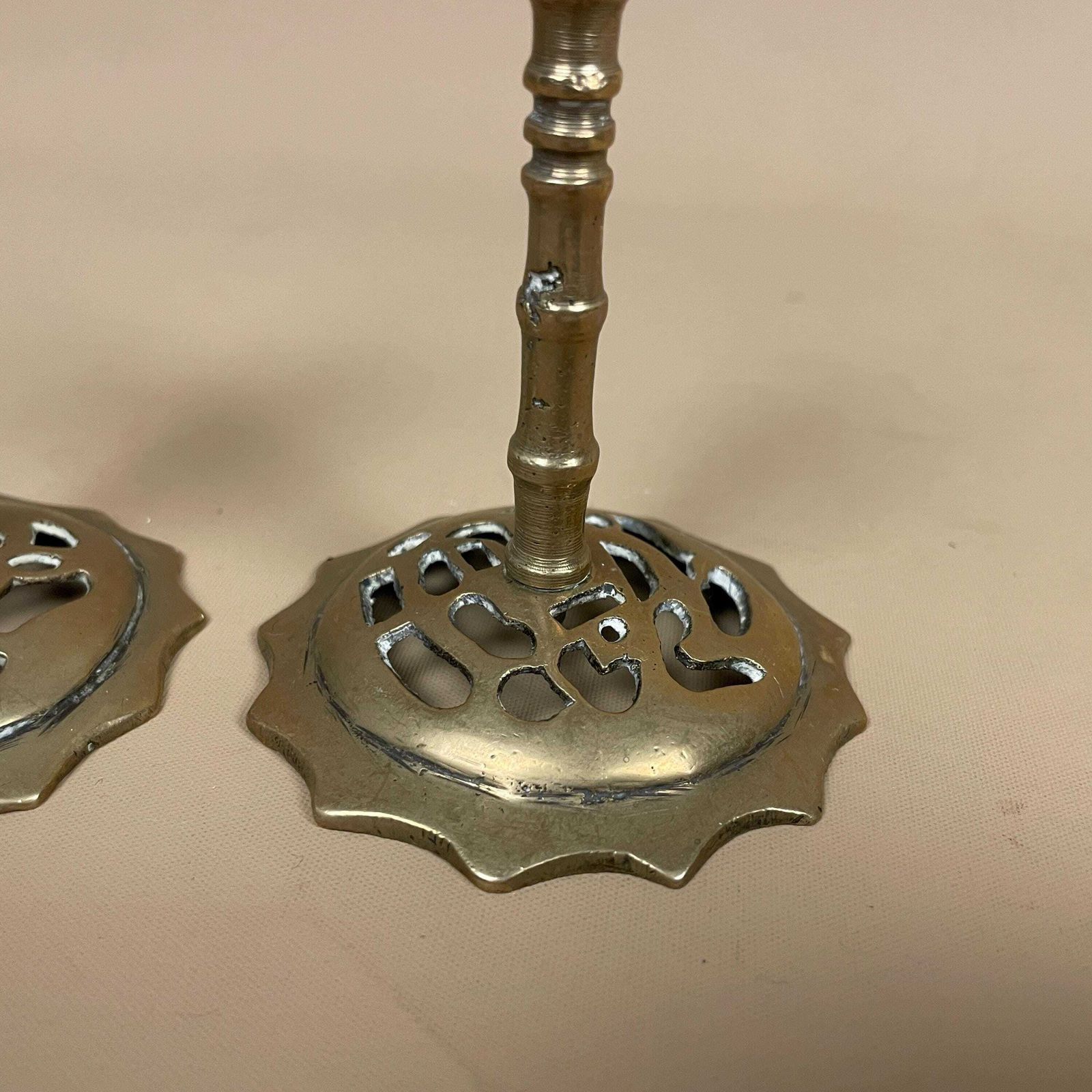 Antique Matching Pair Of Gold Brass Metal Candlestick Candle Stick Holder Vintage Round Base Taper Dinner Candlesticks Oriental Chinese photo Home Decor