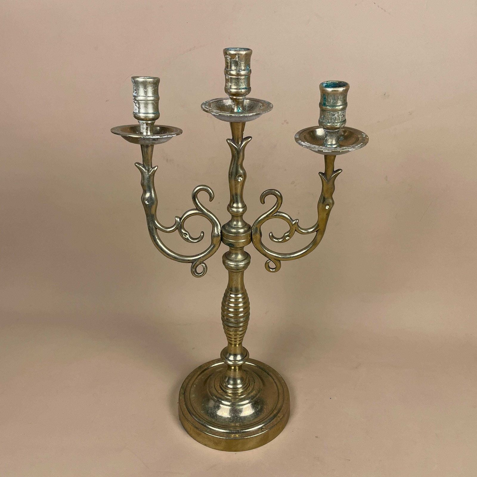 Antique Gold Candelabra  Brass Metal Candlestick Candle Stick Holder Heavy Vintage Column Taper Dinner Candlesticks Ornate Pattern 3 Arms