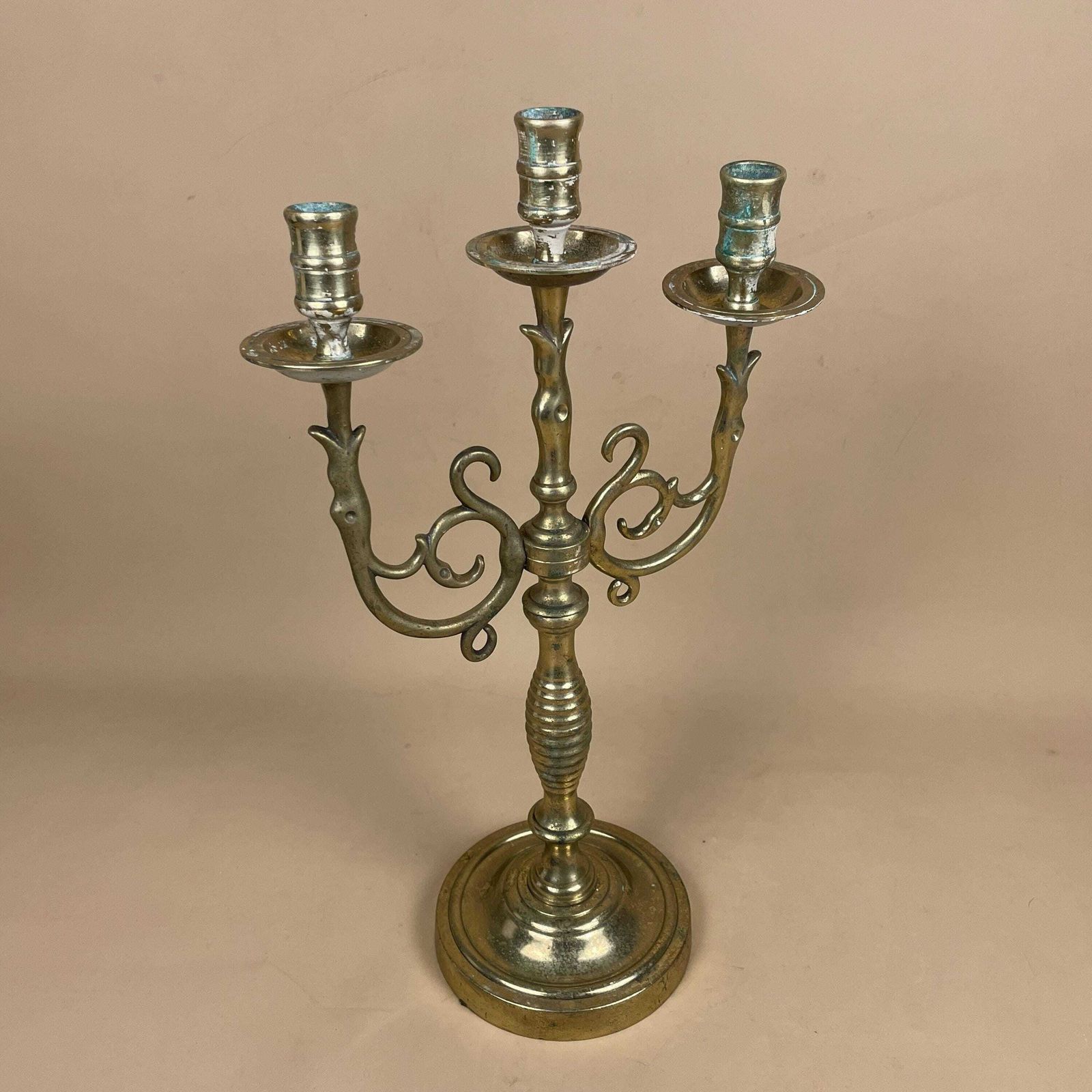 Antique Gold Candelabra  Brass Metal Candlestick Candle Stick Holder Heavy Vintage Column Taper Dinner Candlesticks Ornate Pattern 3 Arms photo furniture