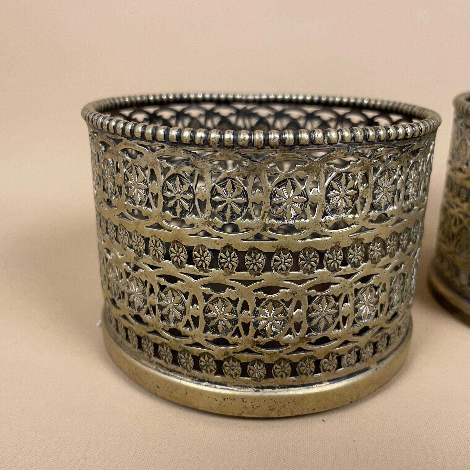 Antique Pair Of Matching Indian Cut Metal Brass Candlestick Candle Stick Holder Tea Lights Vintage Candlesticks Ornate Patterned Round Wood photo Home Decor