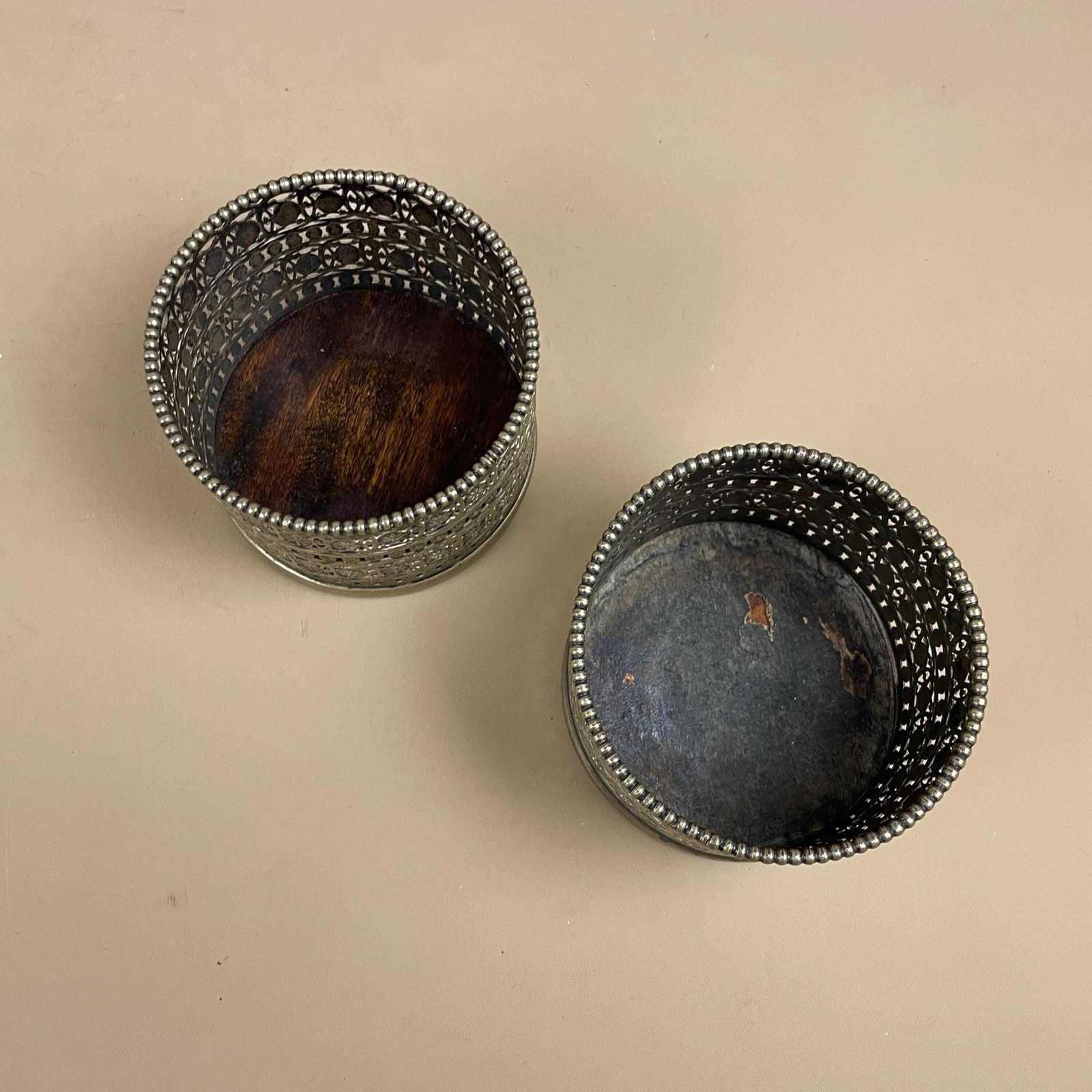 Antique Pair Of Matching Indian Cut Metal Brass Candlestick Candle Stick Holder Tea Lights Vintage Candlesticks Ornate Patterned Round Wood photo vintage