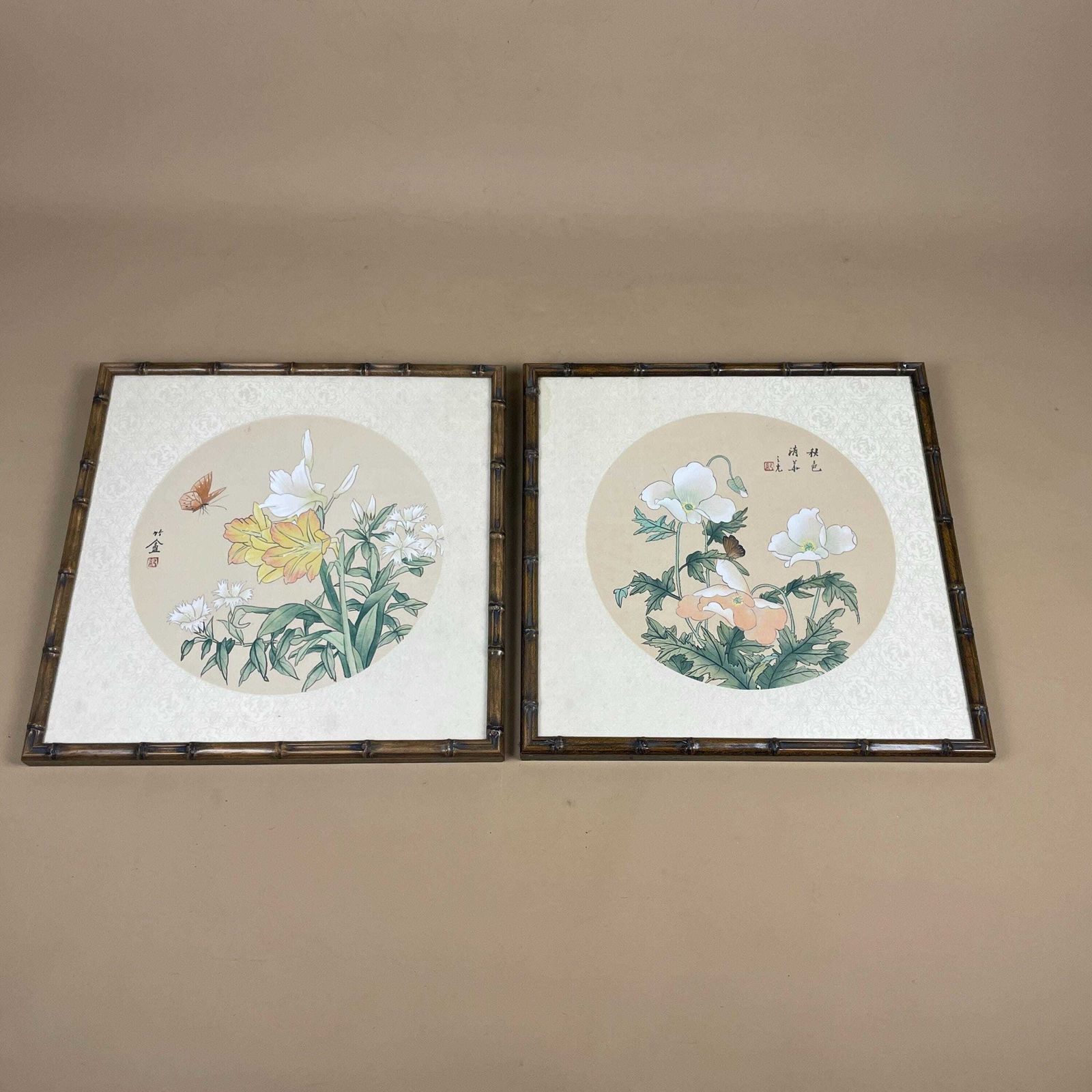 Two Oriental Hand Painted On Silk Paintings Flowers Butterflies Floral Bamboo Shaped Frame Set Of 2 Pair Wall Hangings Vintage Antique