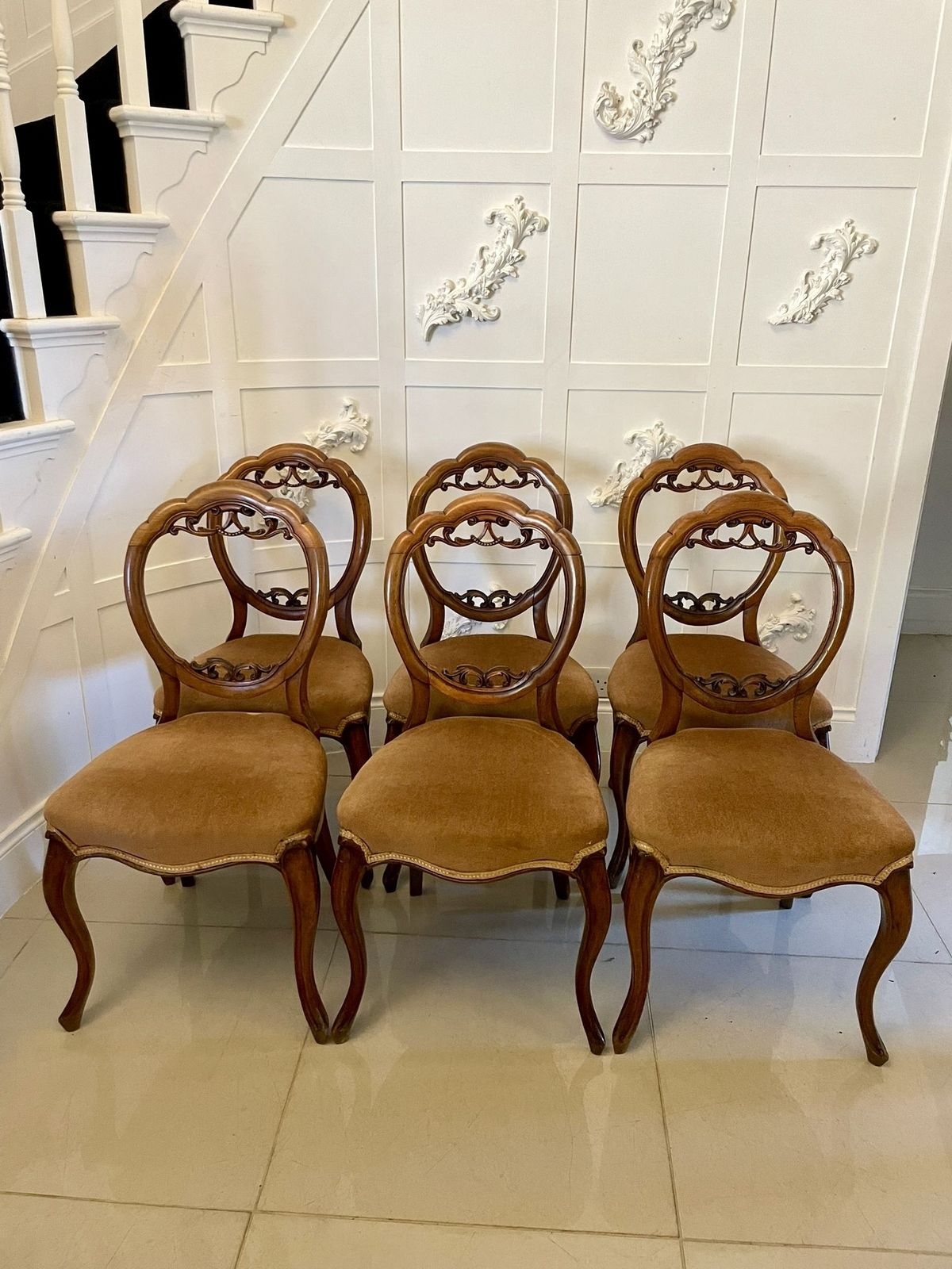 Quality Set Of Six Antique 19th Century Carved Walnut Balloon Back Dining Chairs