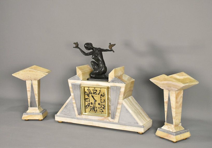 French Art Deco Clock & Garniture By H Molins Balleste & Tahou, Lourdes photo Home Decor