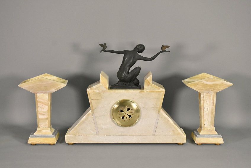 Home Decor French Art Deco Clock & Garniture By H Molins Balleste & Tahou, Lourdes photo