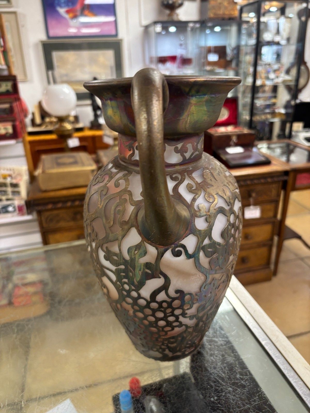 photo furniture Pair Of Antique Ama Romanian Copper Over Art Glass Vases/ Urns
