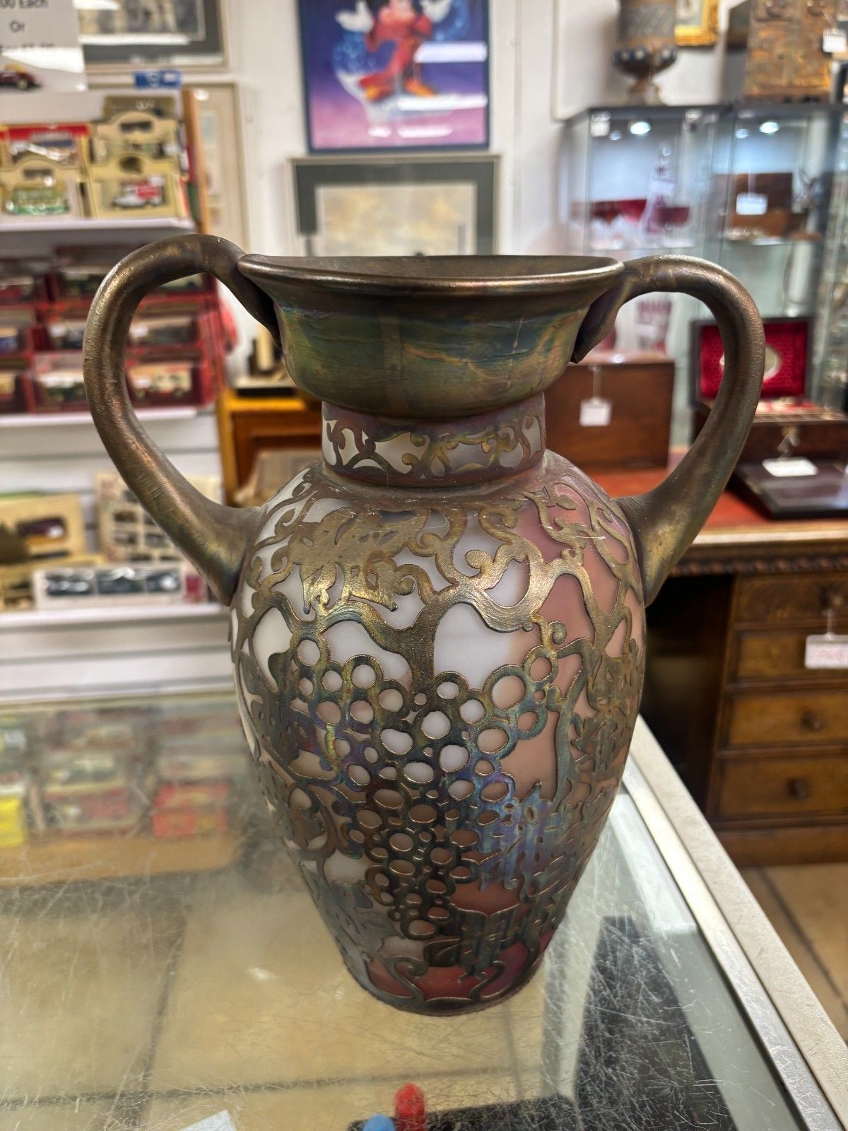 photo for sale Pair Of Antique Ama Romanian Copper Over Art Glass Vases/ Urns