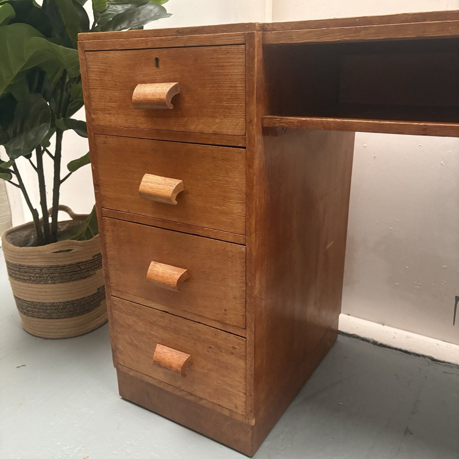 Late 1930s English Oak Art Deco Modernist Twin Pedestal Writing Desk photo vintage