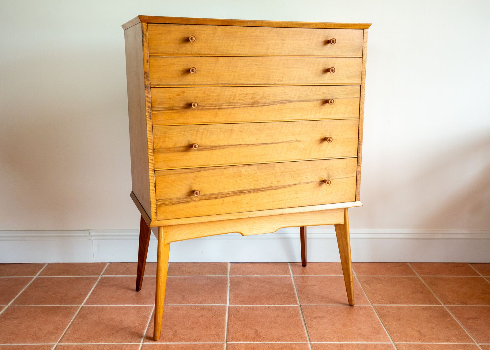 Blonde Mid Century Chest Of Drawers Tallboy Highboy Walnut By Alfred Cox For Heals 1960s Mcm English Satin Stamped photo Furniture