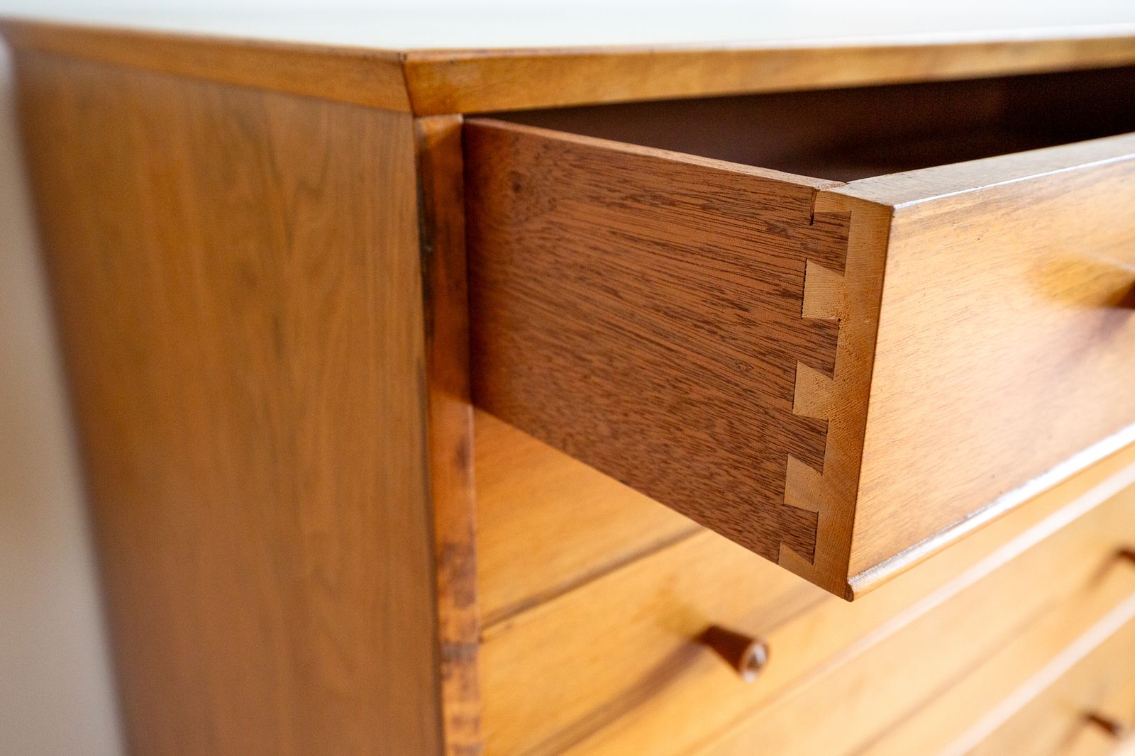 Blonde Mid Century Chest Of Drawers Tallboy Highboy Walnut By Alfred Cox For Heals 1960s Mcm English Satin Stamped photo vinterior