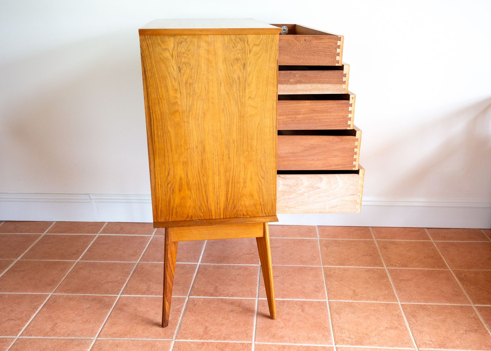 Blonde Mid Century Chest Of Drawers Tallboy Highboy Walnut By Alfred Cox For Heals 1960s Mcm English Satin Stamped photo buy