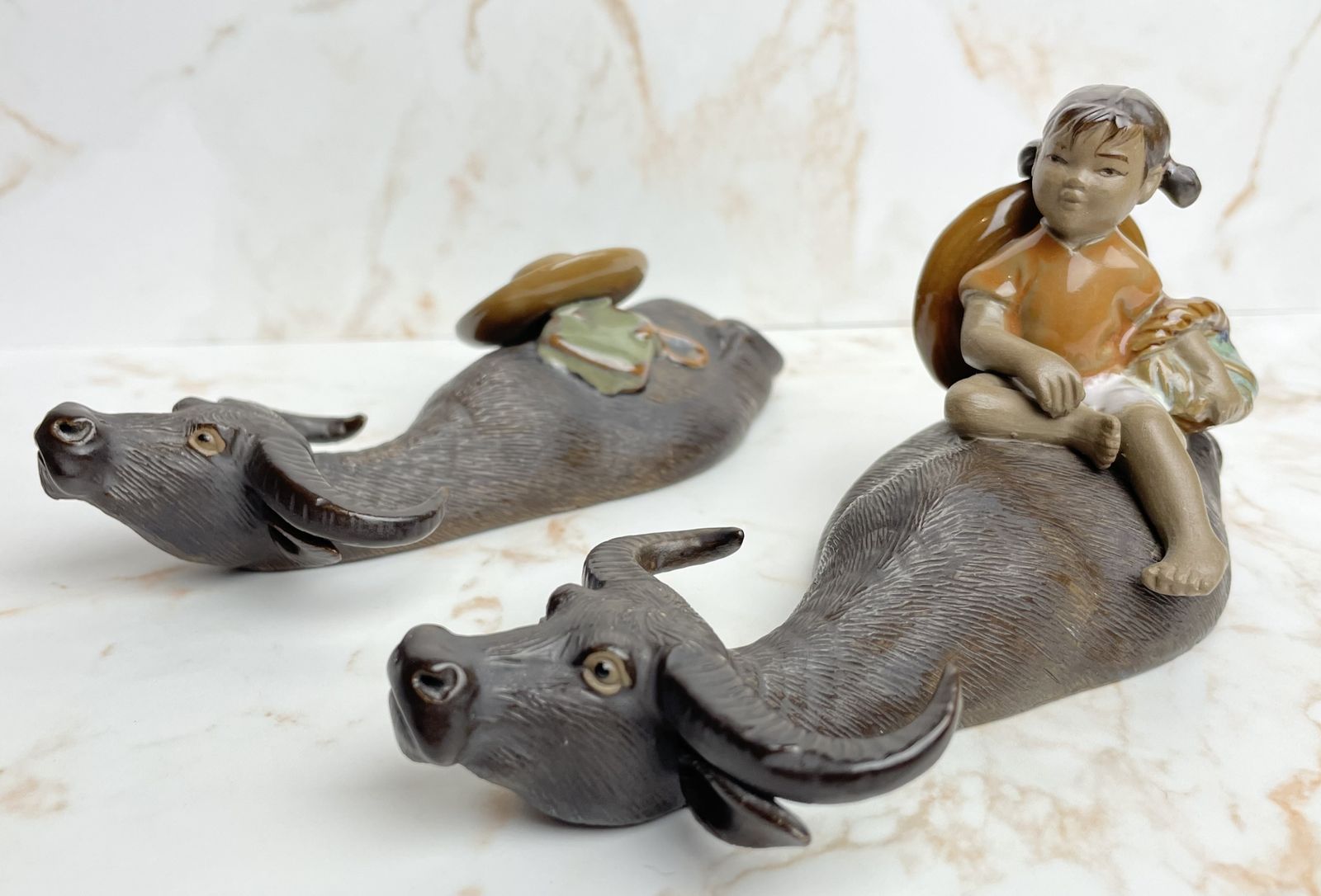 Vintage Pair Mudman Chinese Shiwan Girl With Submerged Water Buffalo Figurines photo for sale