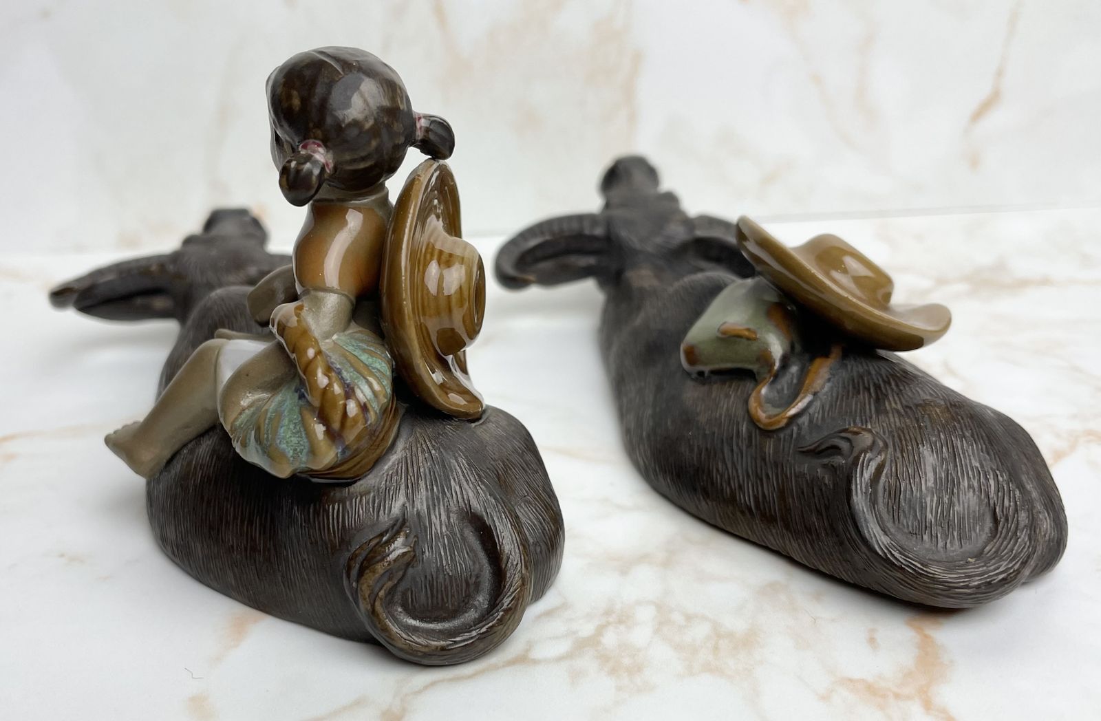 Vintage Pair Mudman Chinese Shiwan Girl With Submerged Water Buffalo Figurines photo vintage