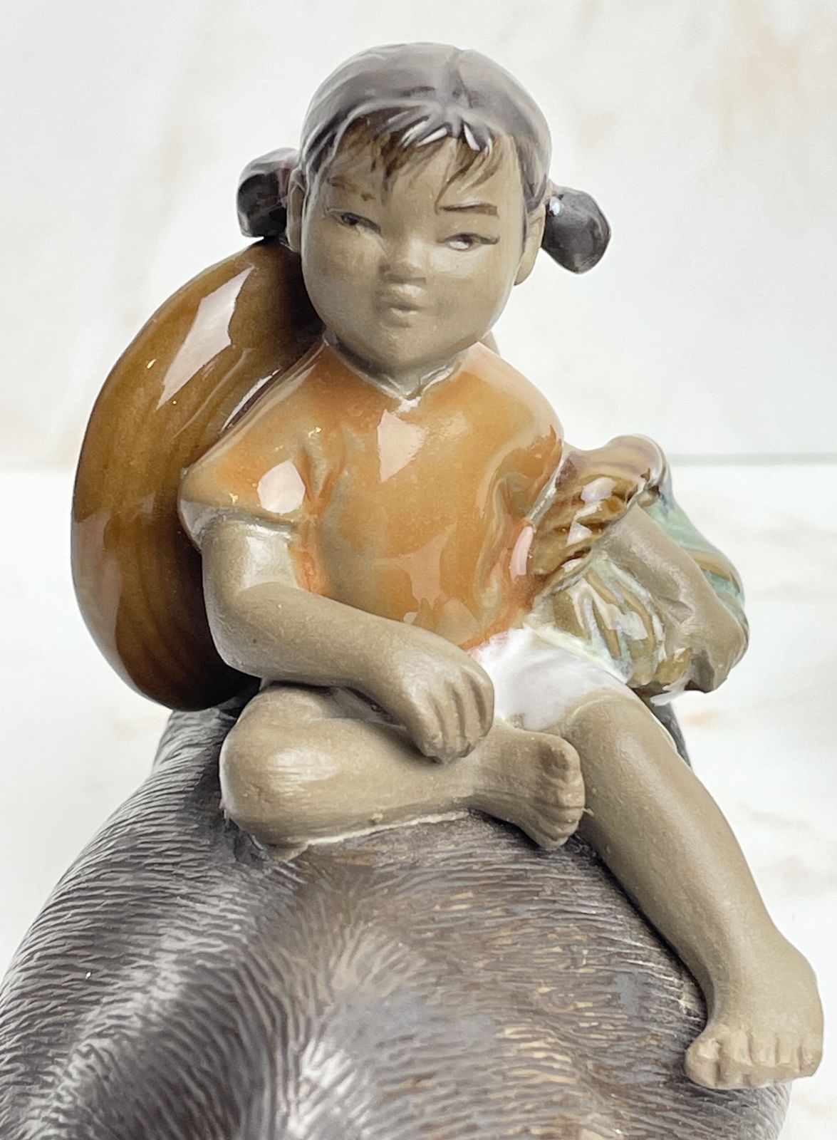 photo furniture Vintage Pair Mudman Chinese Shiwan Girl With Submerged Water Buffalo Figurines