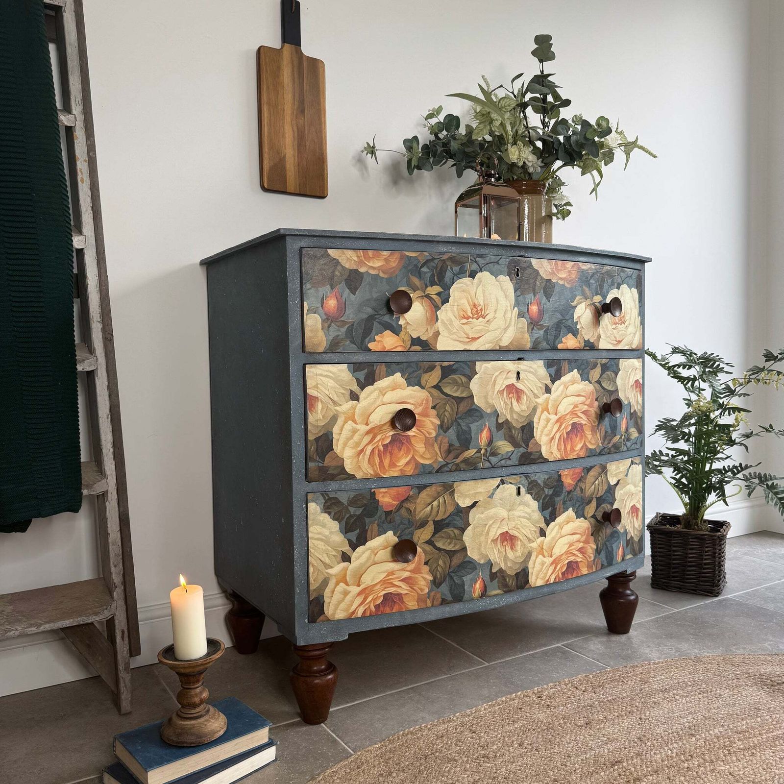 Vintage Bow Fronted Chest Of Drawers Painted Blues And Floral photo furniture