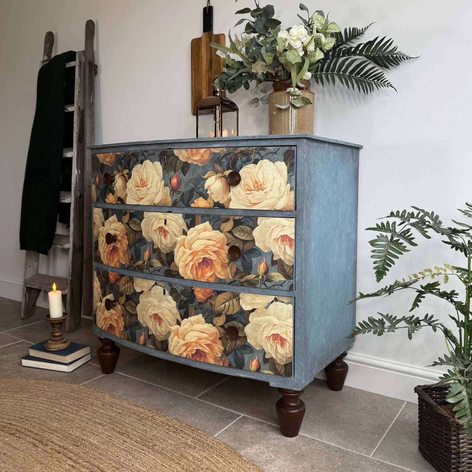 Vintage Bow Fronted Chest Of Drawers Painted Blues And Floral photo for sale
