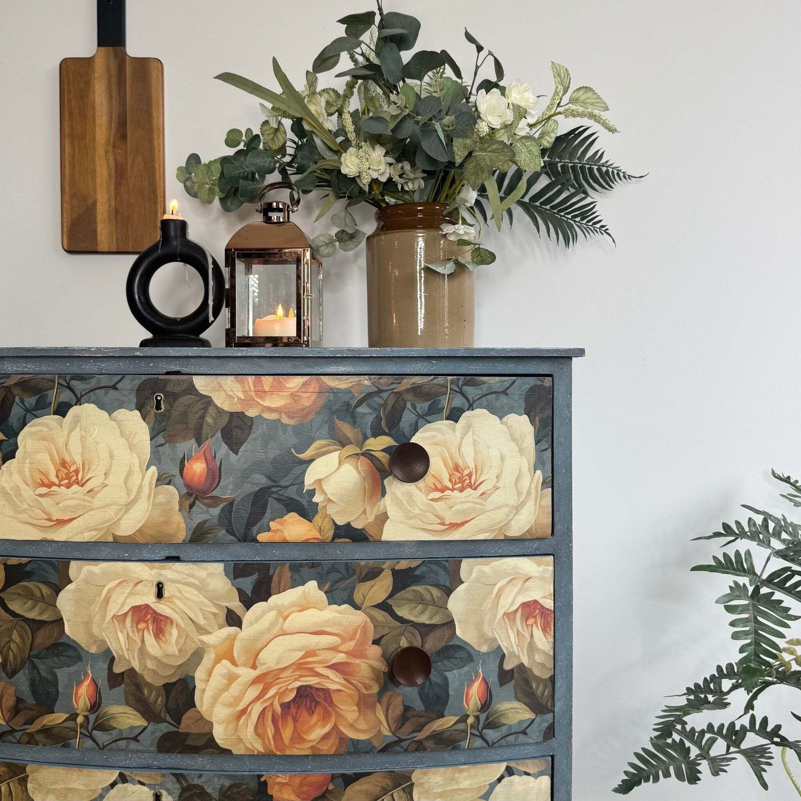 Vintage Bow Fronted Chest Of Drawers Painted Blues And Floral photo Furniture