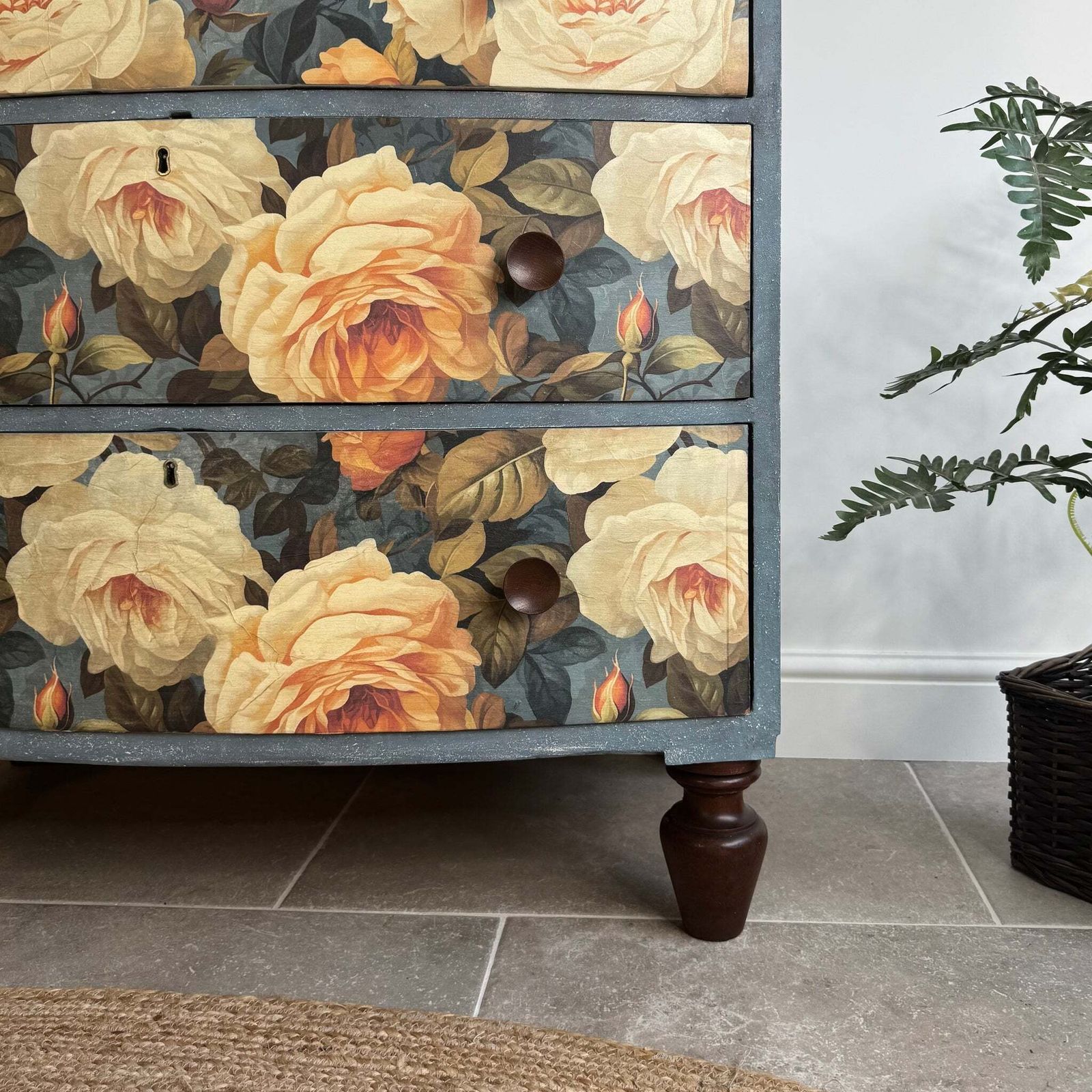 Vintage Bow Fronted Chest Of Drawers Painted Blues And Floral photo 395.0