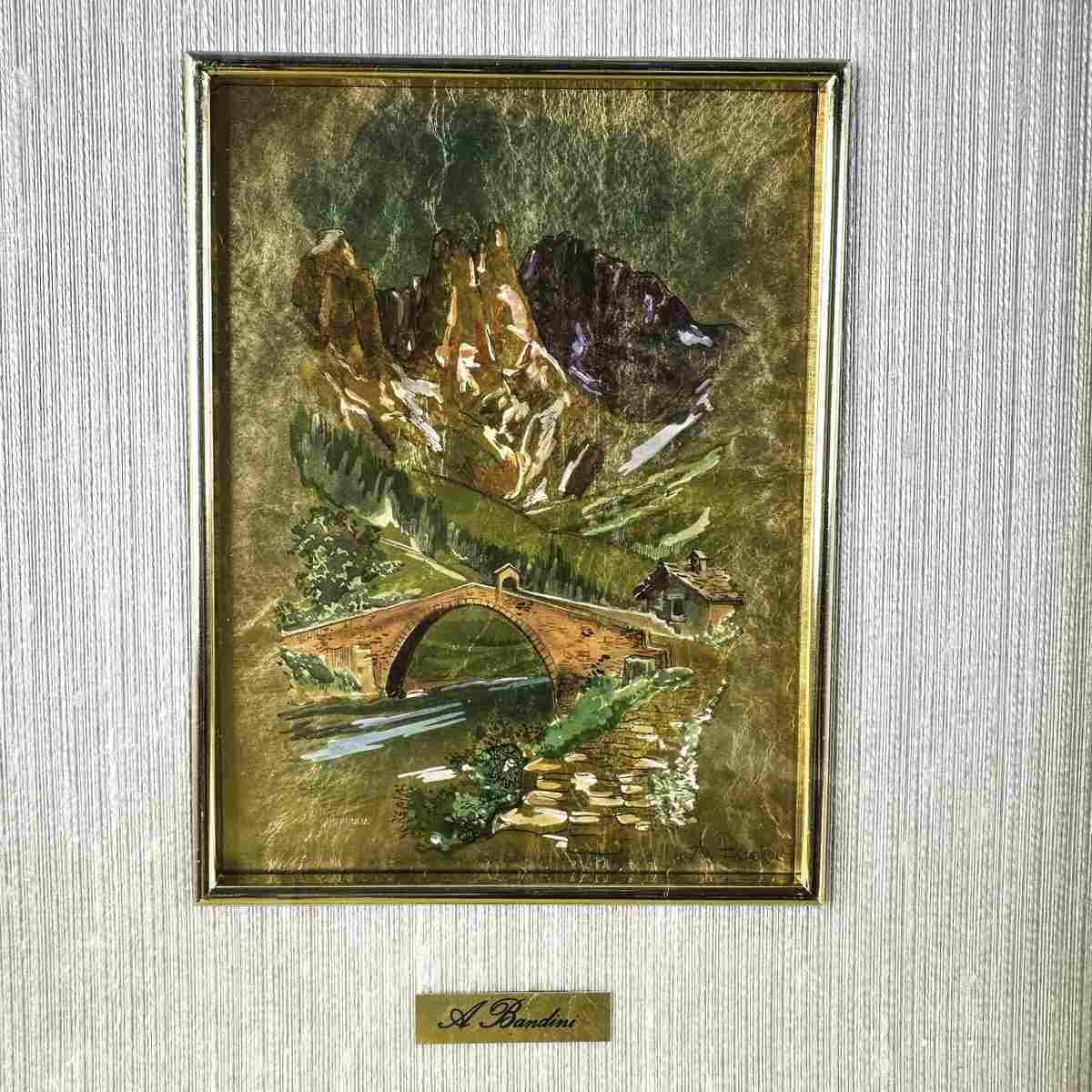 Pair Of Chromolithography Paintings On 23 Kt Gold Leaf, A.Bandini photo vintage