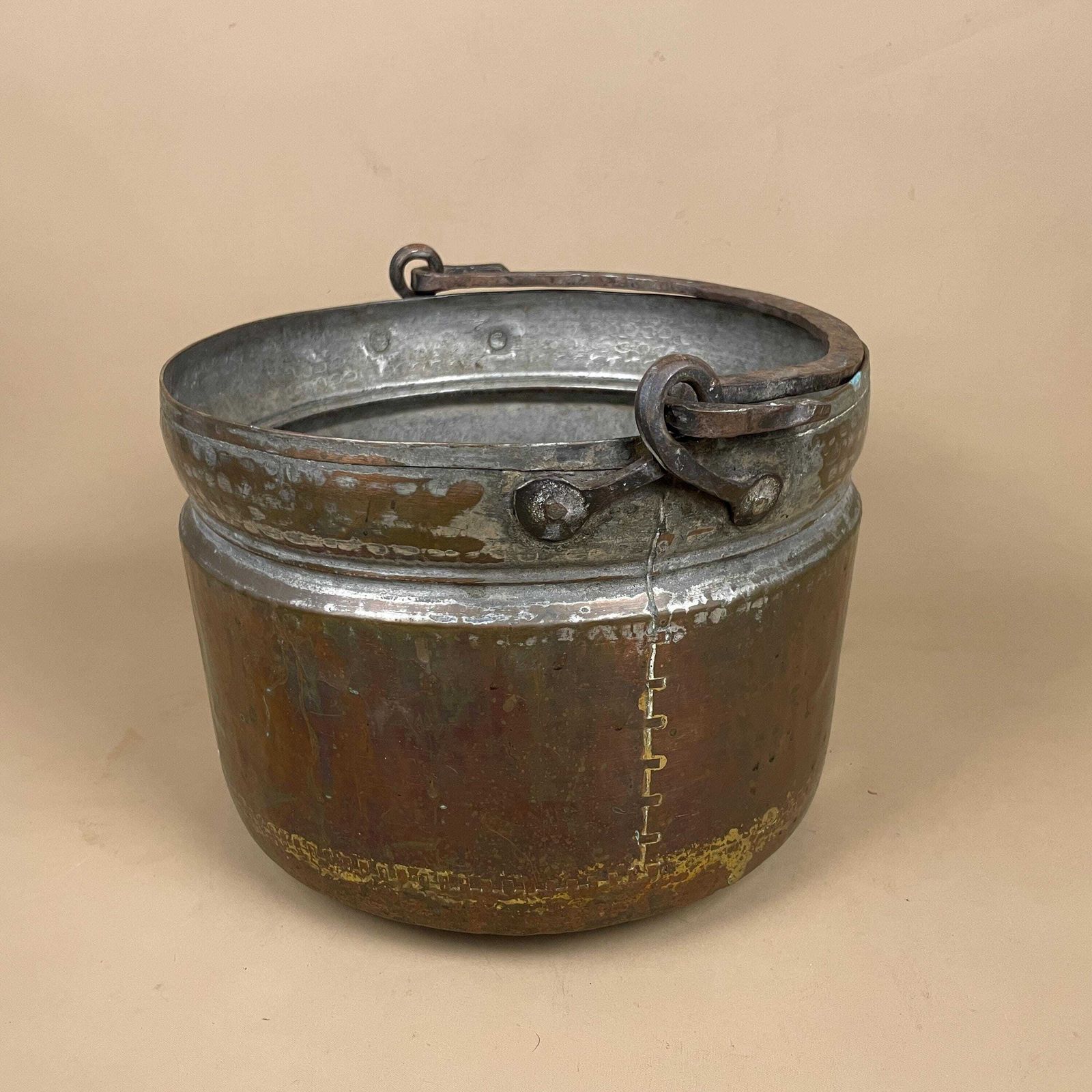 Antique Metal Copper Coal Bucket Handle Fireside Fire Side Scuttle Log Helmet Farmhouse Hanging Well Milk Cylinder Round Vintage Fireplace photo furniture