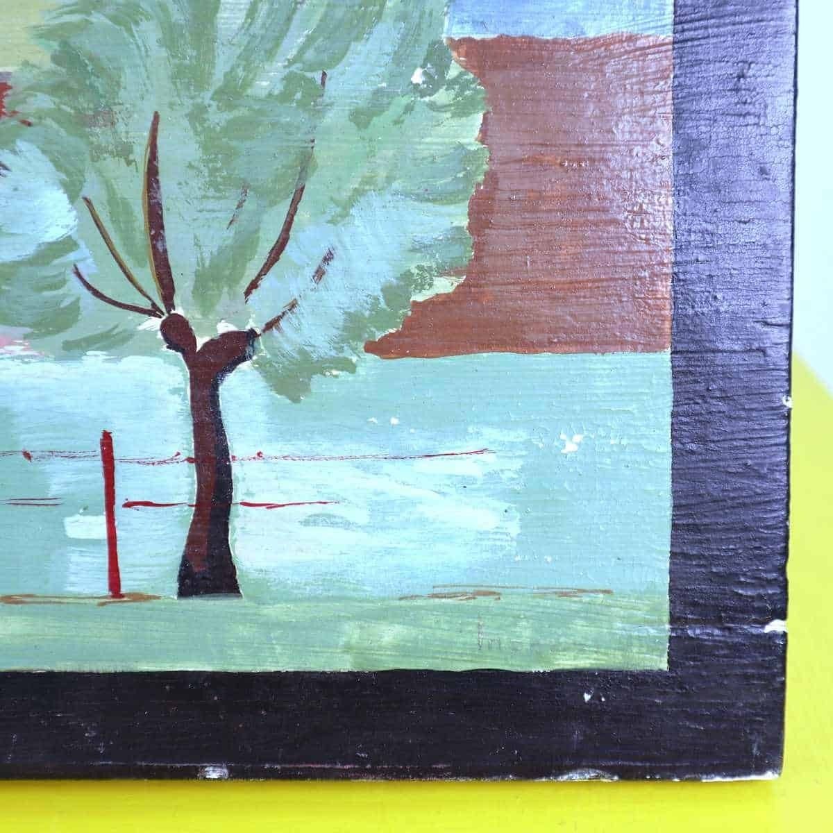 Vintage Landscape Painting On Wooden Board photo Art
