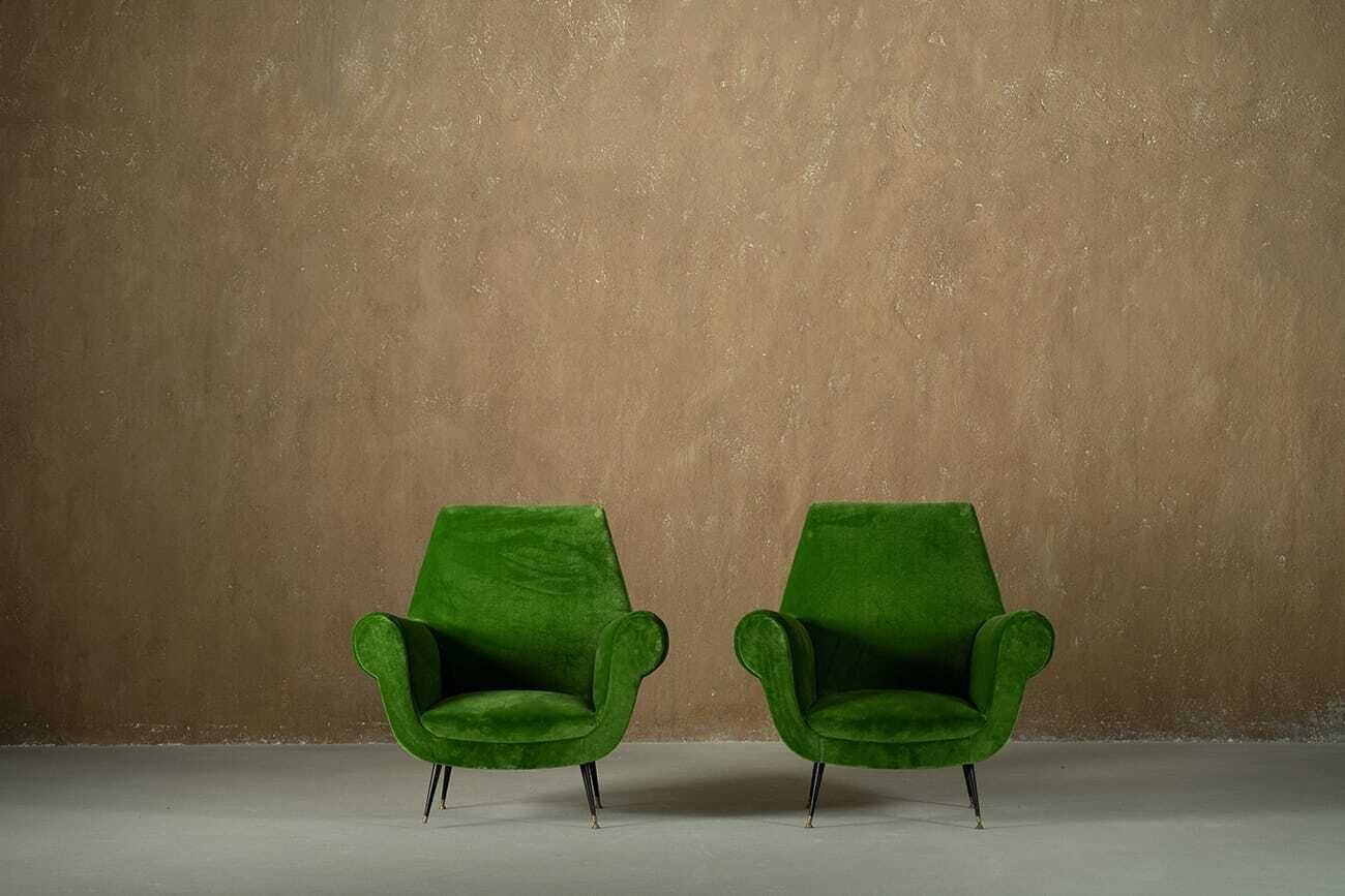 Sale ! Green Velvet Armchairs By Gigi Radice, Italy 1950’s Set Of 2