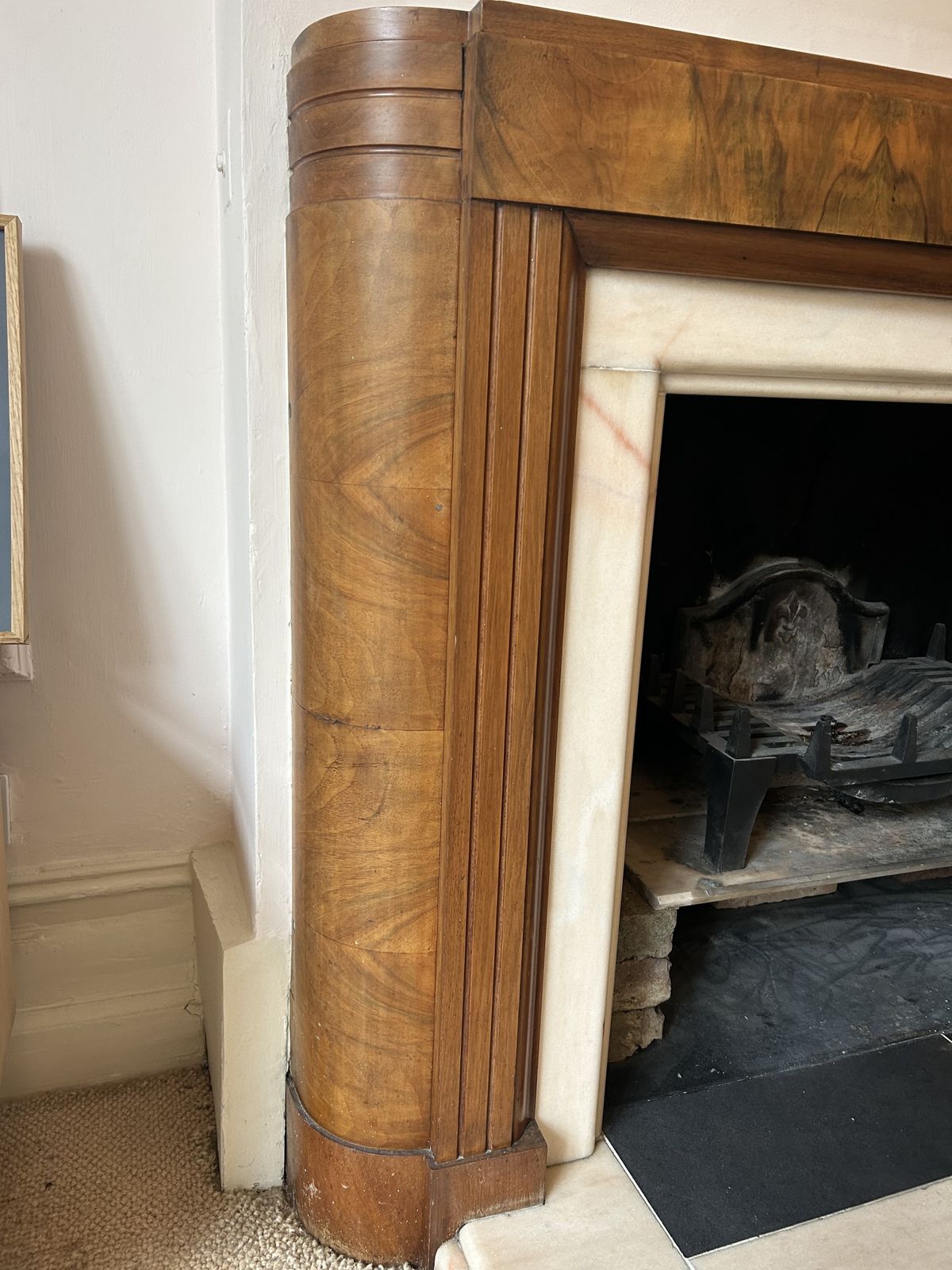 Art Deco Walnut Fire Surround With Pink Marble Hearth And Inset photo furniture