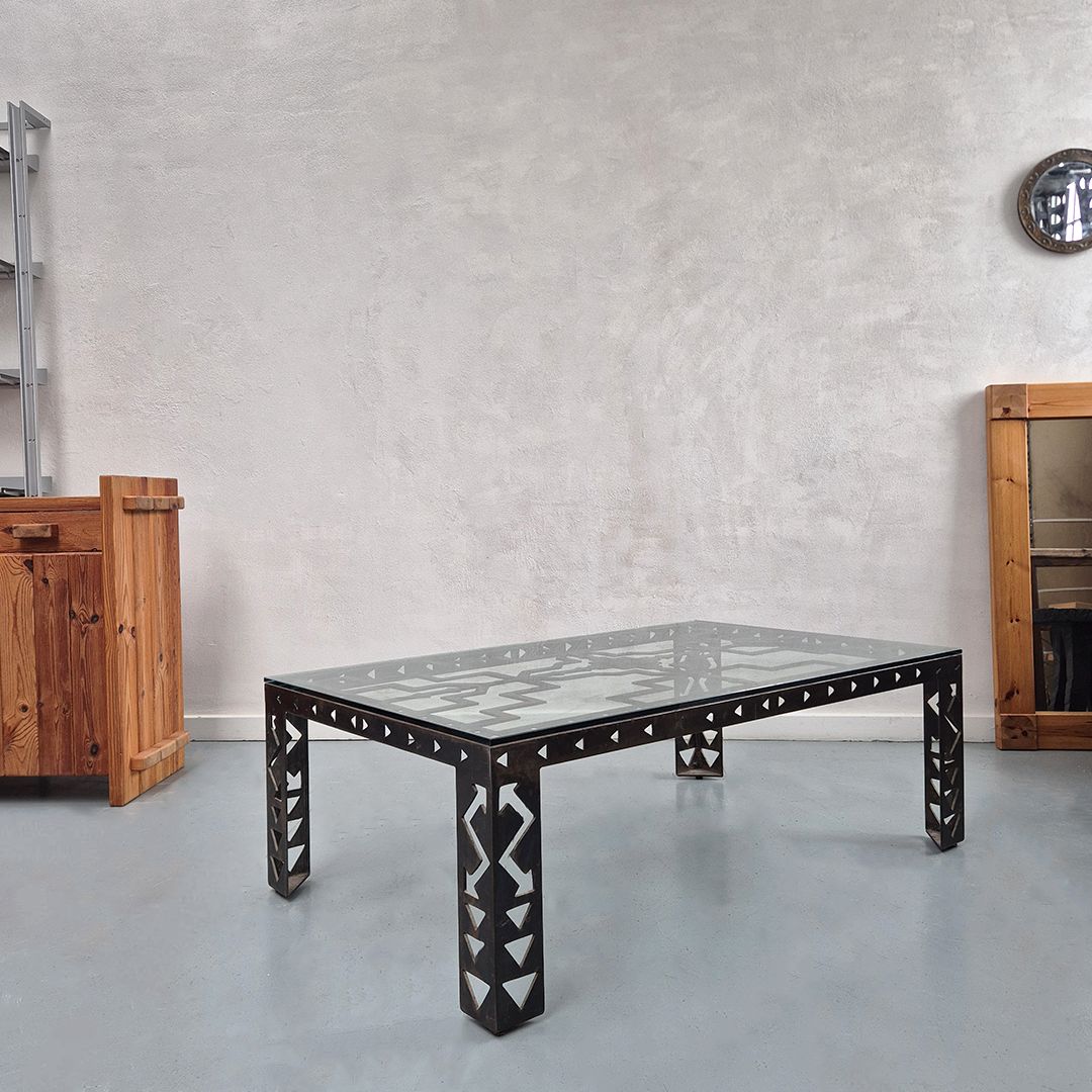 1980's Brutalist Metal + Glass Coffee Table: Postmodern Mid Century Style