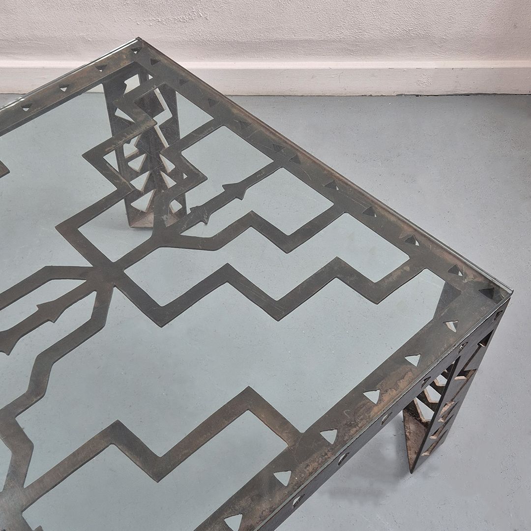 1980's Brutalist Metal + Glass Coffee Table: Postmodern Mid Century Style photo 795.0