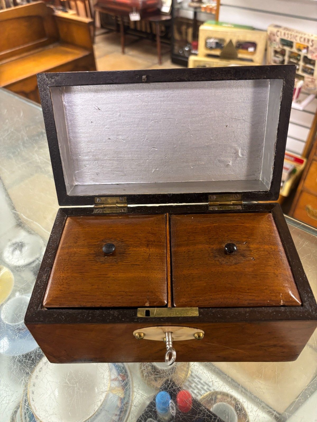 Antique 19th Century English Walnut Tea Caddy With Brass Detailing photo buy