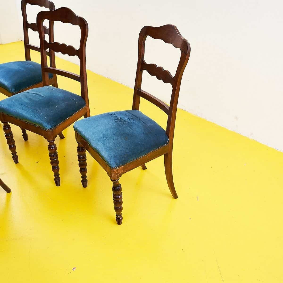 Set Of Wooden Chairs With Green Seat – 4 Pieces photo for sale