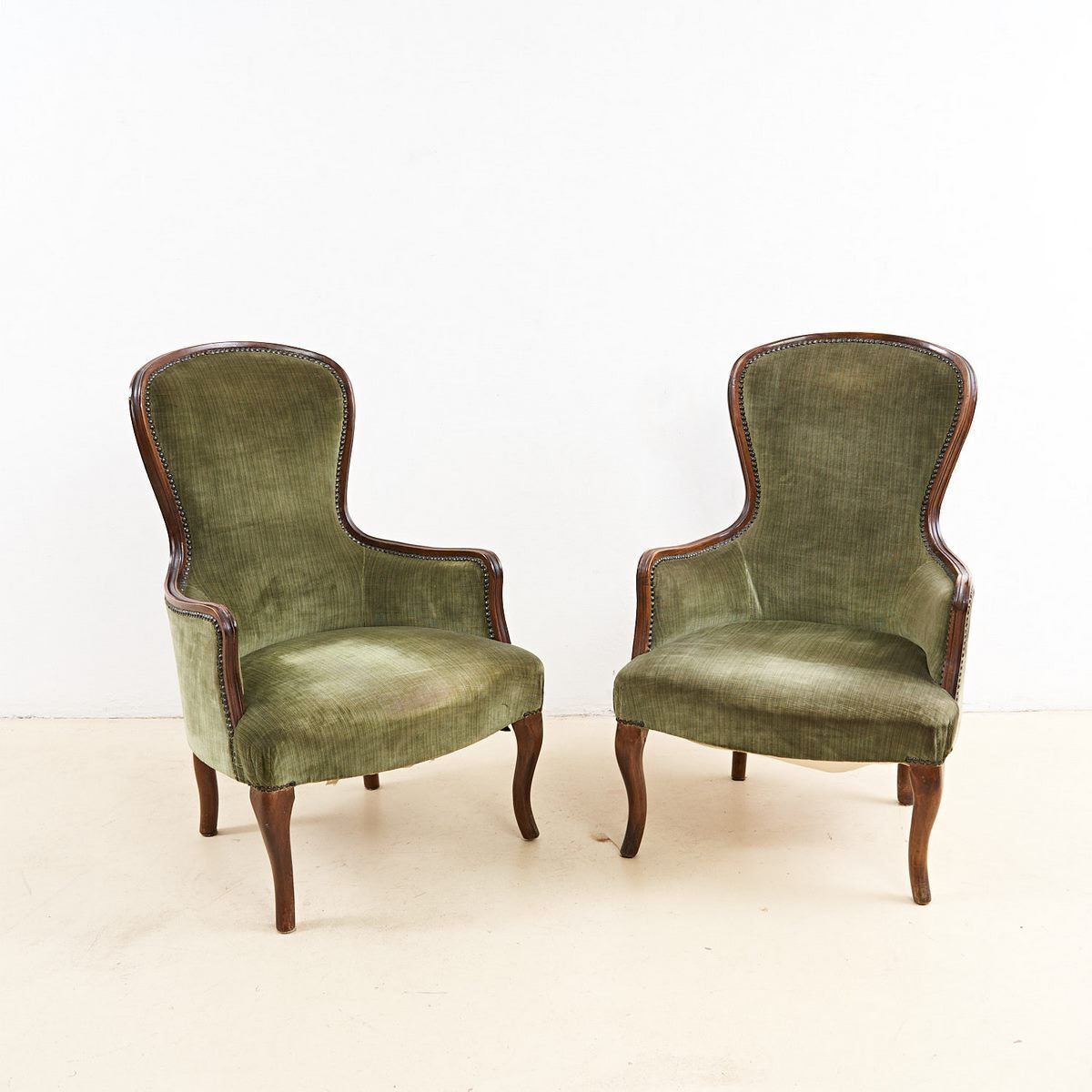 Pair Of Antique Walnut Armchairs With Green Velvet Seat