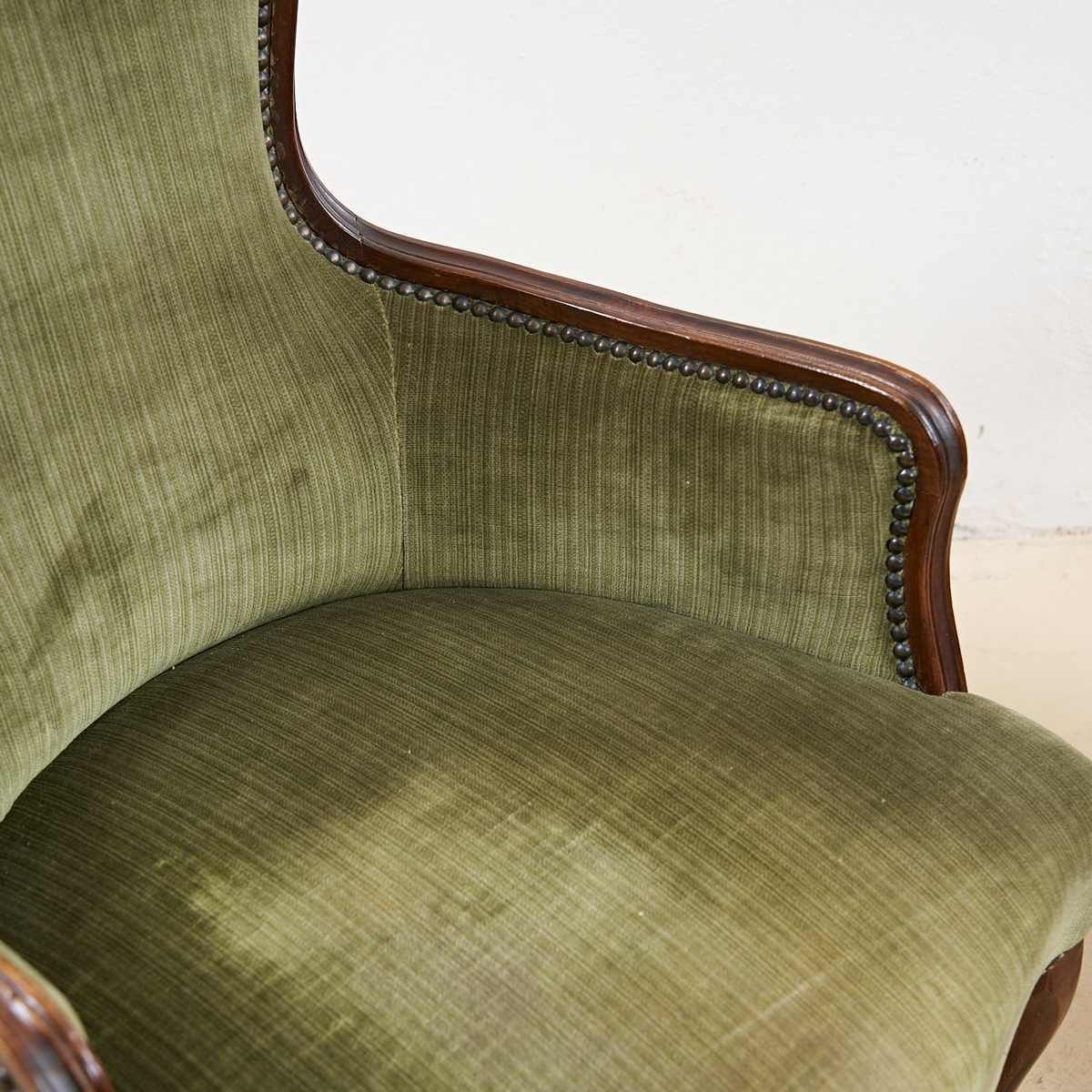 Pair Of Antique Walnut Armchairs With Green Velvet Seat photo Furniture